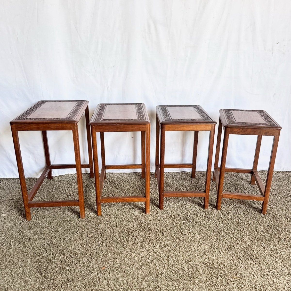 Vintage Indian Carved Hardwood Nesting Tables - Set of 4 - Dolphin & Flamingo
