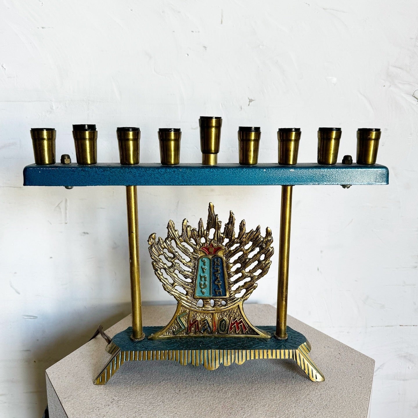 Vintage Israeli “10 Commandments” Menorah/Chanukia Lamp - Dolphin & Flamingo