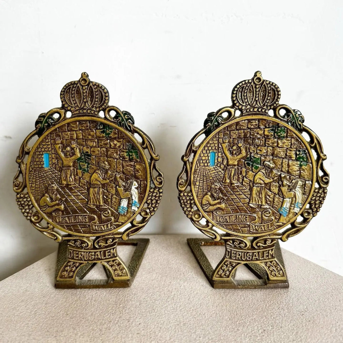 Vintage Israeli Brass Wailing Wall Jerusalem Bookends - A Pair - Dolphin & Flamingo