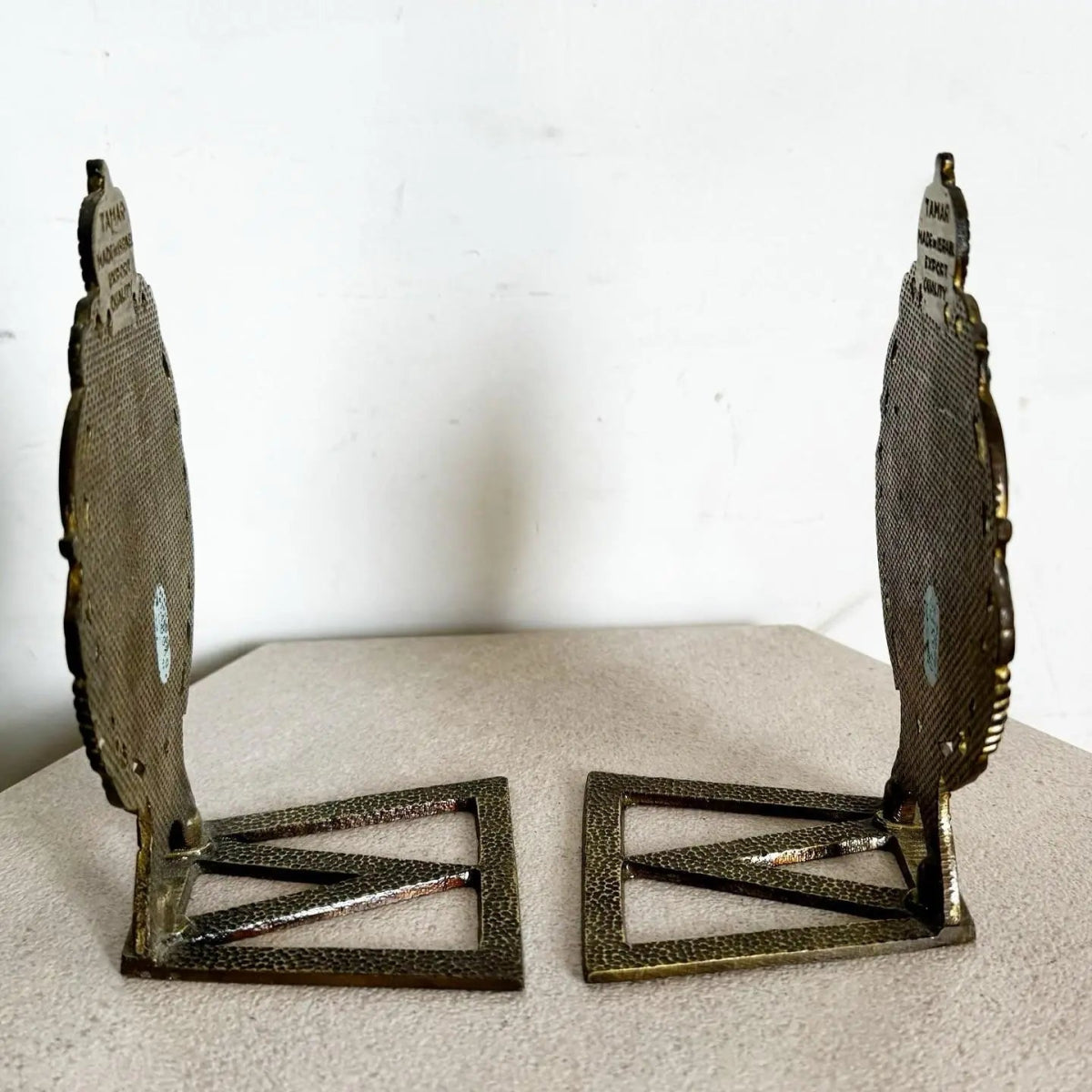 Vintage Israeli Brass Wailing Wall Jerusalem Bookends - A Pair - Dolphin & Flamingo
