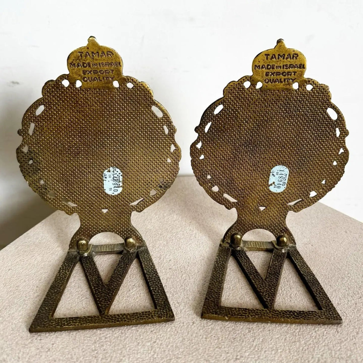 Vintage Israeli Brass Wailing Wall Jerusalem Bookends - A Pair - Dolphin & Flamingo