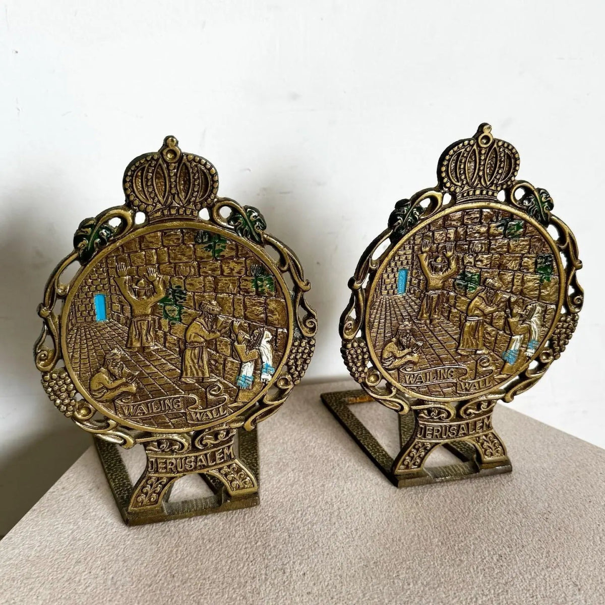 Vintage Israeli Brass Wailing Wall Jerusalem Bookends - A Pair - Dolphin & Flamingo