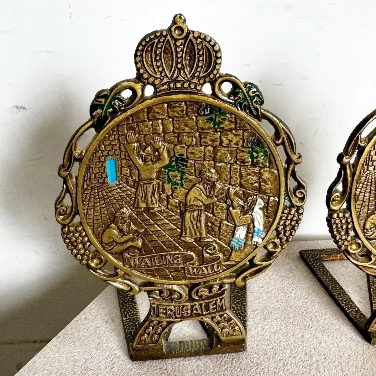 Vintage Israeli Brass Wailing Wall Jerusalem Bookends - A Pair - Dolphin & Flamingo