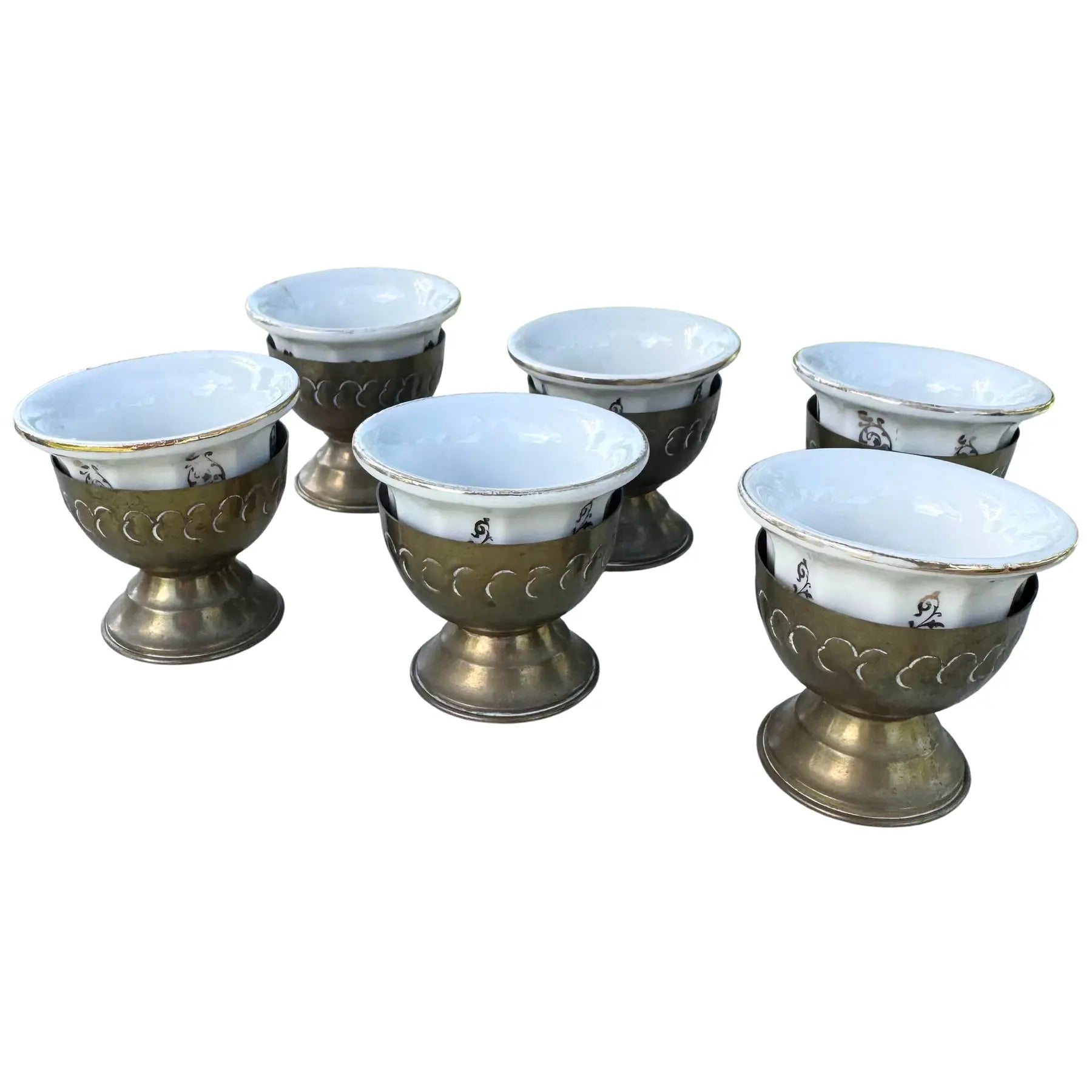 Vintage Israeli Porcelain Tea Cups in Brass Holders - Set of 6 Dolphin & Flamingo