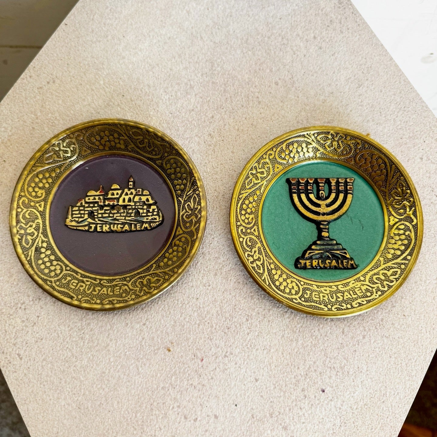 Vintage Israelis Brass Enameled Decorative Jerusalem and Menorah Plates - Set of 2 - Dolphin & Flamingo