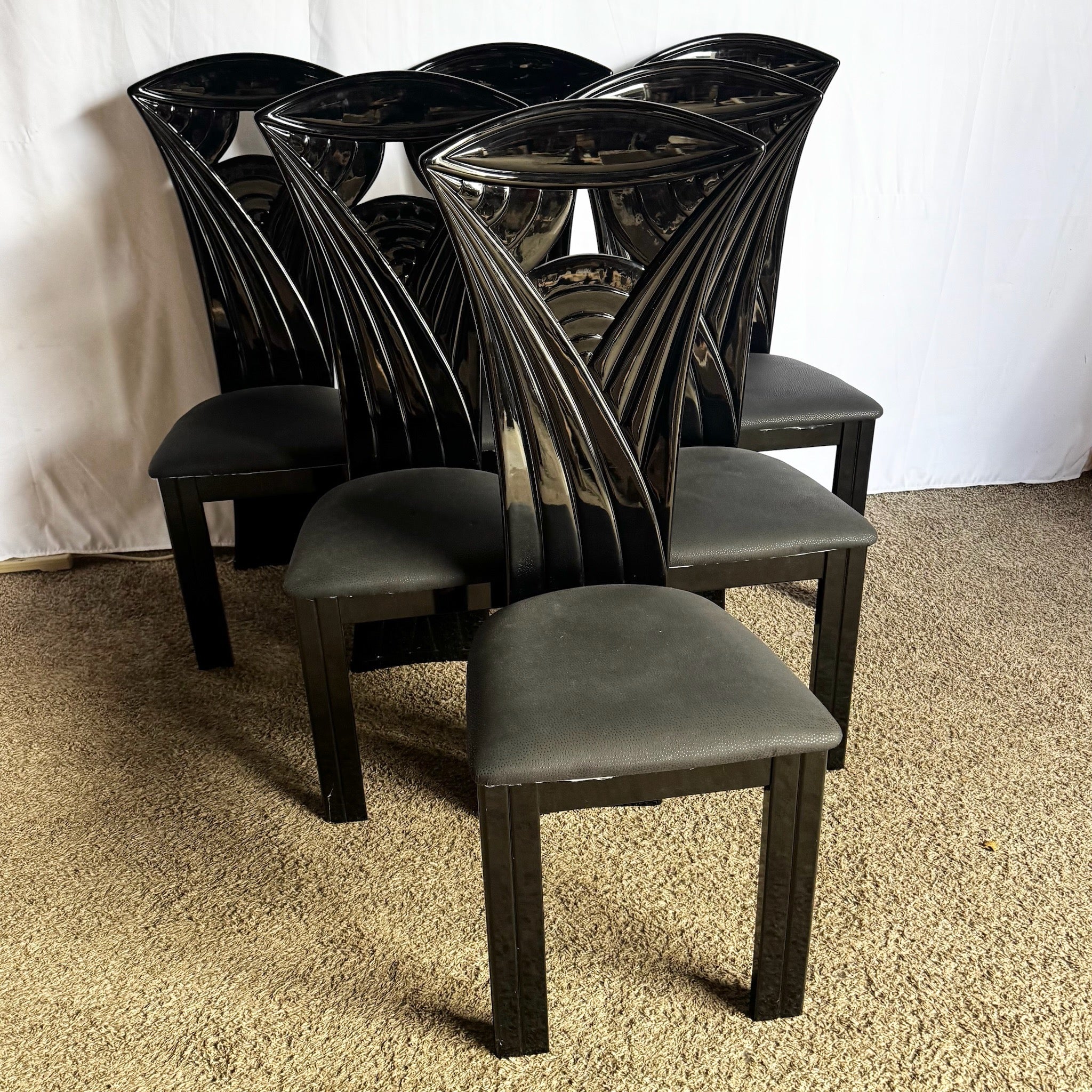 Vintage Italian Black Lacquered Sculpted High Back Dining Chairs - Set of 6 - Dolphin & Flamingo