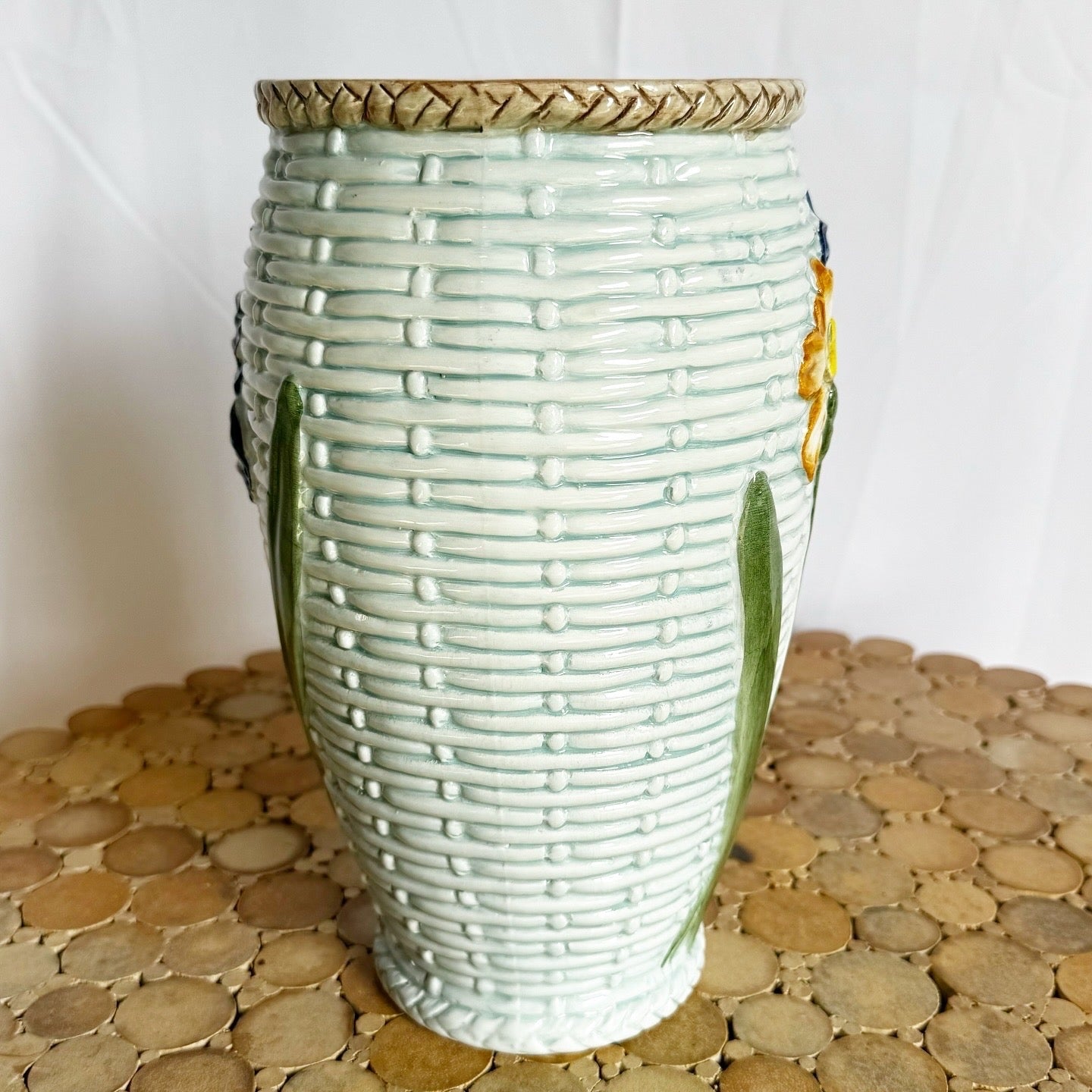 Vintage Italian Hand Painted Floral Ceramic Vase - Dolphin & Flamingo