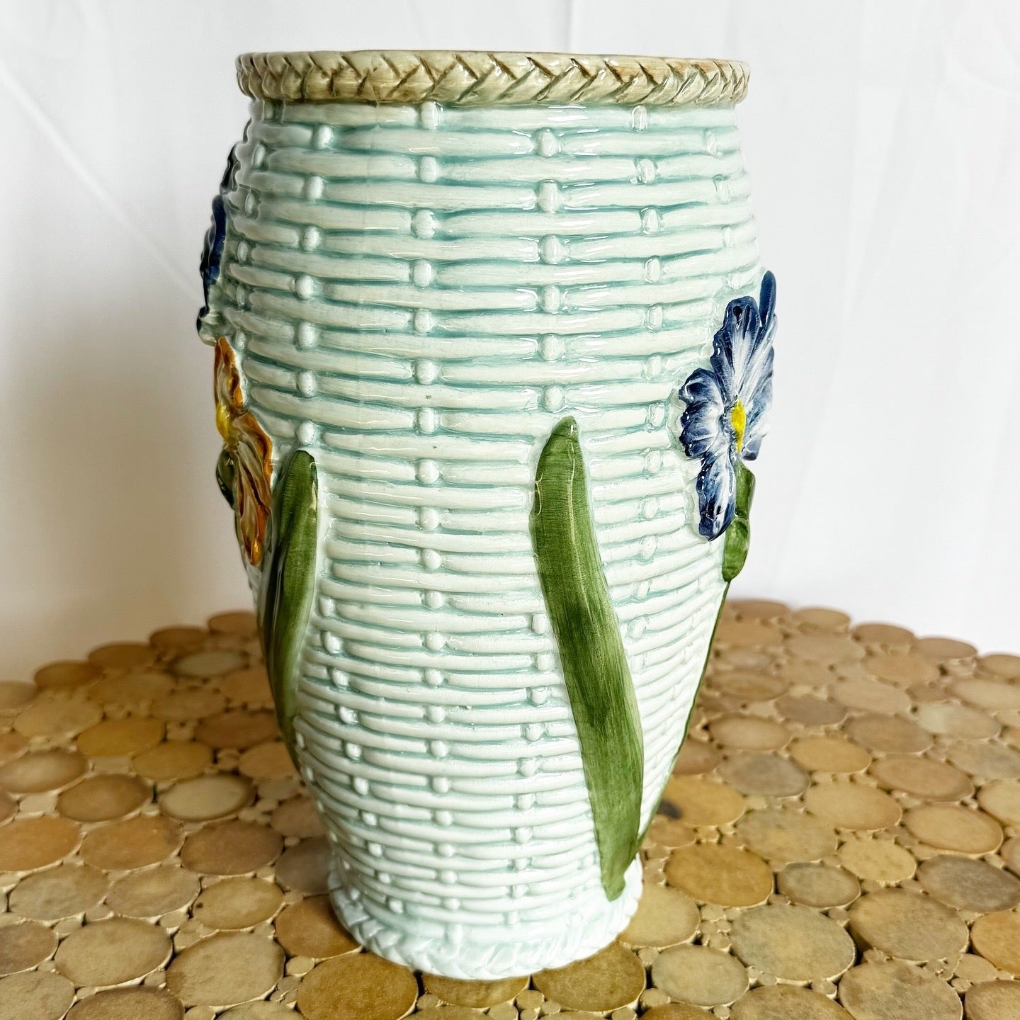 Vintage Italian Hand Painted Floral Ceramic Vase - Dolphin & Flamingo
