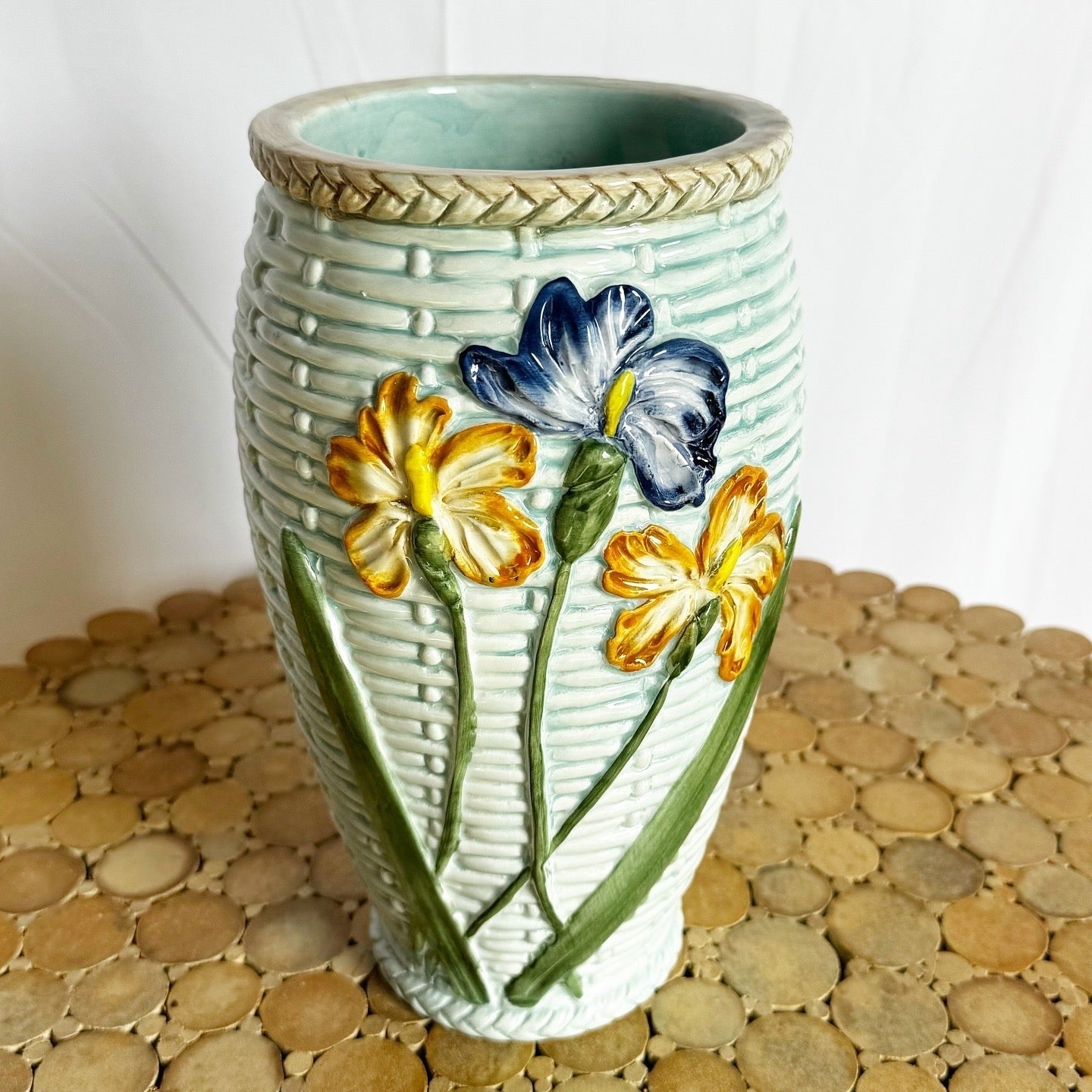 Vintage Italian Hand Painted Floral Ceramic Vase - Dolphin & Flamingo