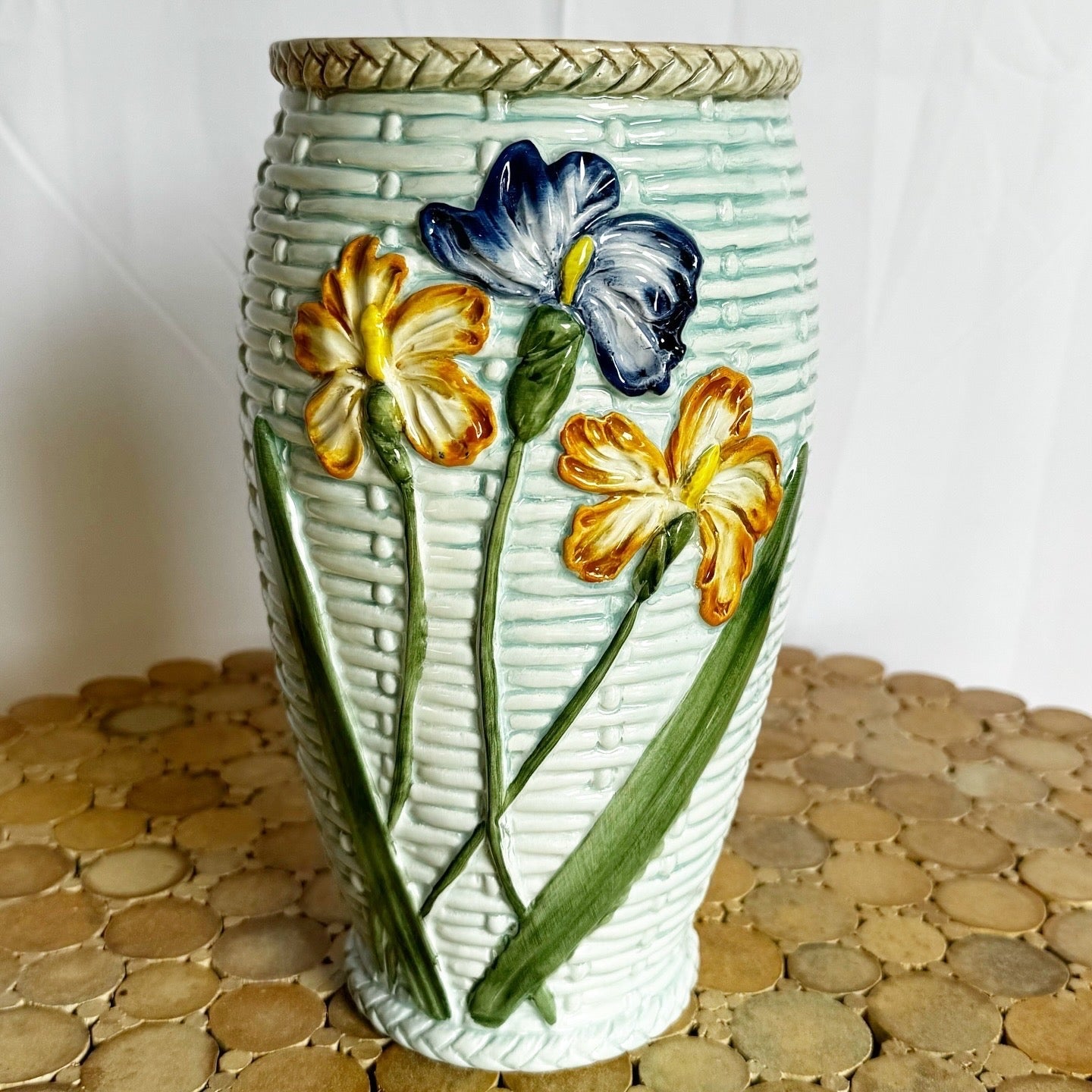 Vintage Italian Hand Painted Floral Ceramic Vase - Dolphin & Flamingo