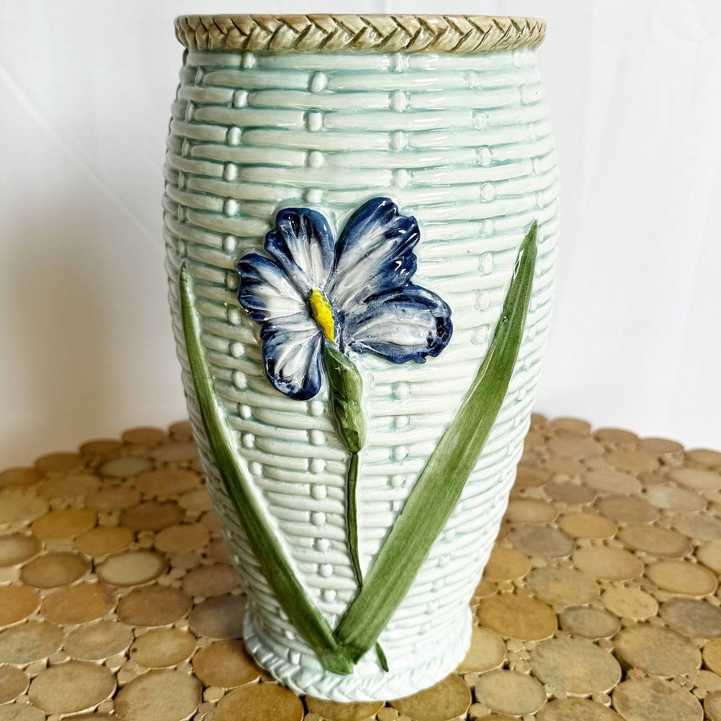 Vintage Italian Hand Painted Floral Ceramic Vase - Dolphin & Flamingo
