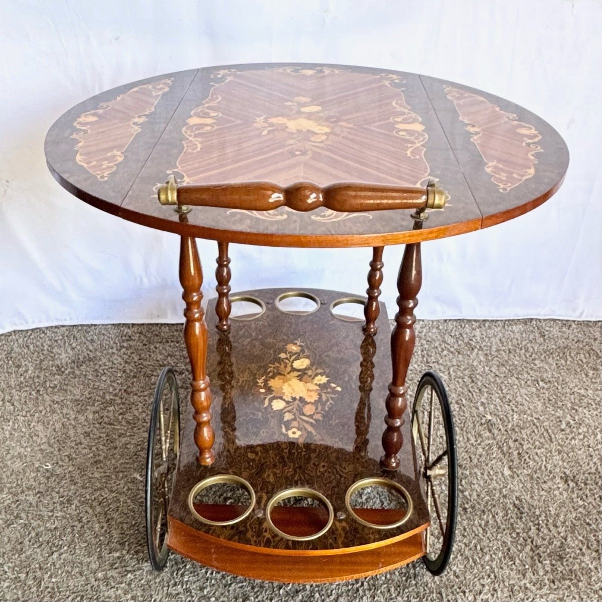 Vintage Italian Marquetry Inlaid Wood Two - Tier Drop - Leaf Bar Cart - Dolphin & Flamingo