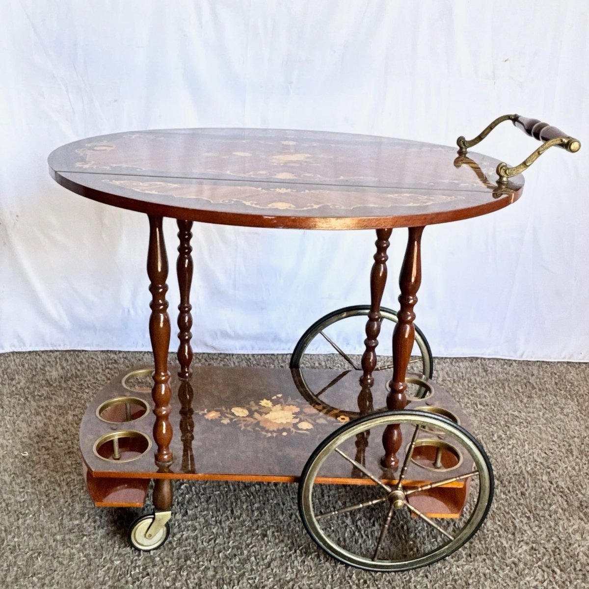 Vintage Italian Marquetry Inlaid Wood Two - Tier Drop - Leaf Bar Cart - Dolphin & Flamingo