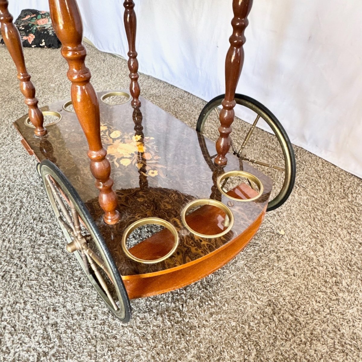 Vintage Italian Marquetry Inlaid Wood Two - Tier Drop - Leaf Bar Cart - Dolphin & Flamingo