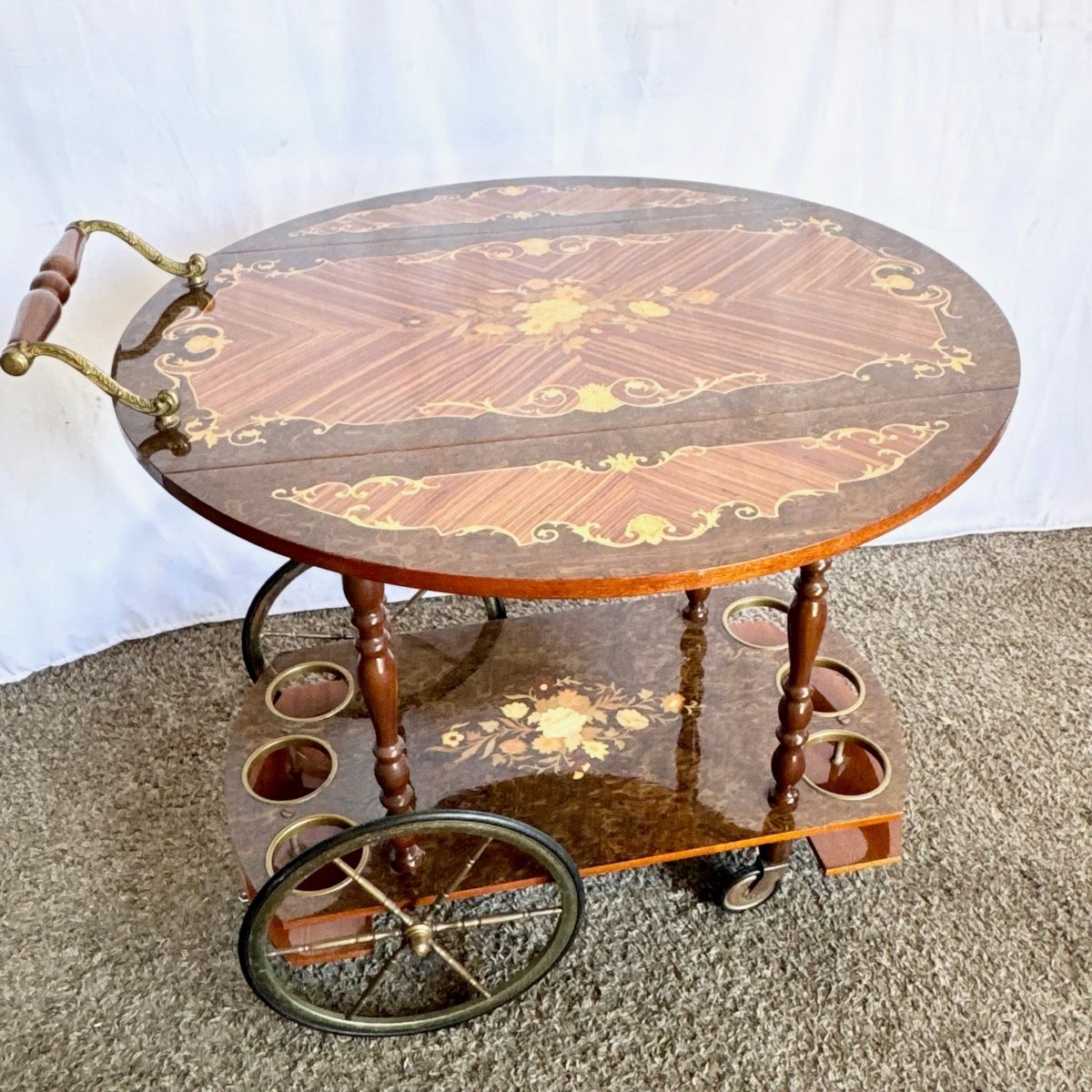 Vintage Italian Marquetry Inlaid Wood Two - Tier Drop - Leaf Bar Cart - Dolphin & Flamingo