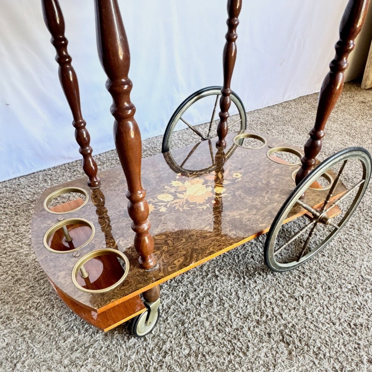 Vintage Italian Marquetry Inlaid Wood Two - Tier Drop - Leaf Bar Cart - Dolphin & Flamingo