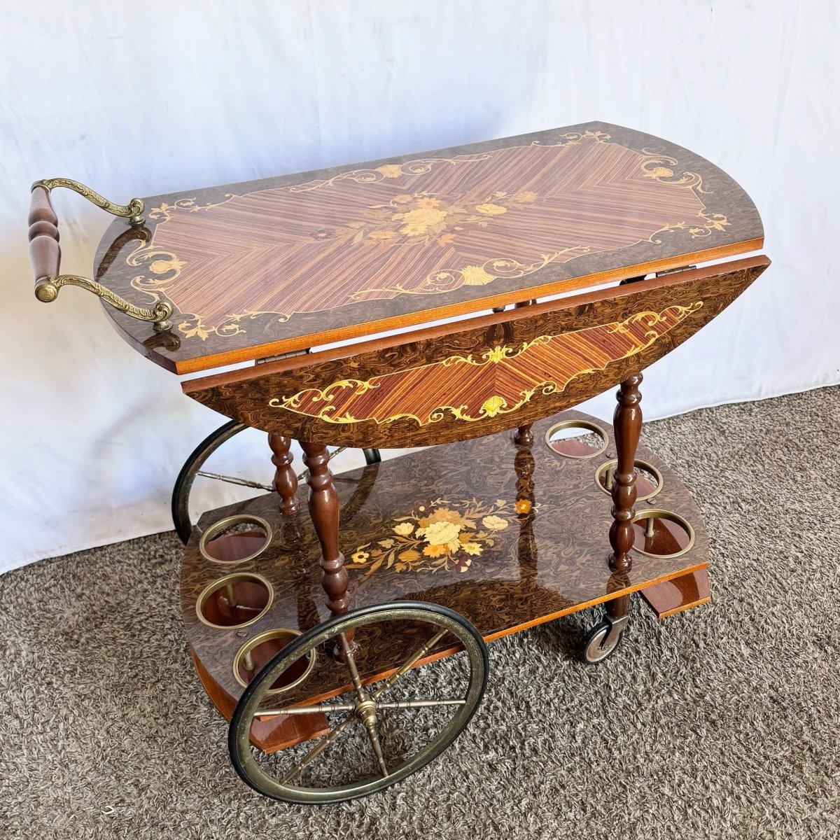 Vintage Italian Marquetry Inlaid Wood Two - Tier Drop - Leaf Bar Cart - Dolphin & Flamingo