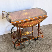 Vintage Italian Marquetry Inlaid Wood Two - Tier Drop - Leaf Bar Cart - Dolphin & Flamingo