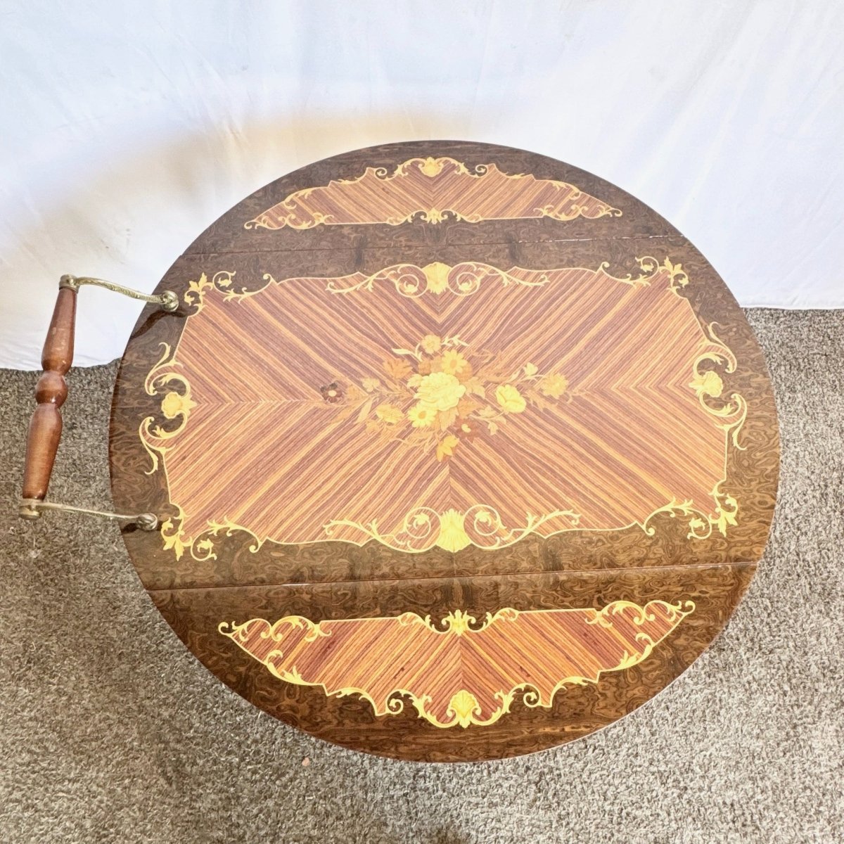 Vintage Italian Marquetry Inlaid Wood Two - Tier Drop - Leaf Bar Cart - Dolphin & Flamingo