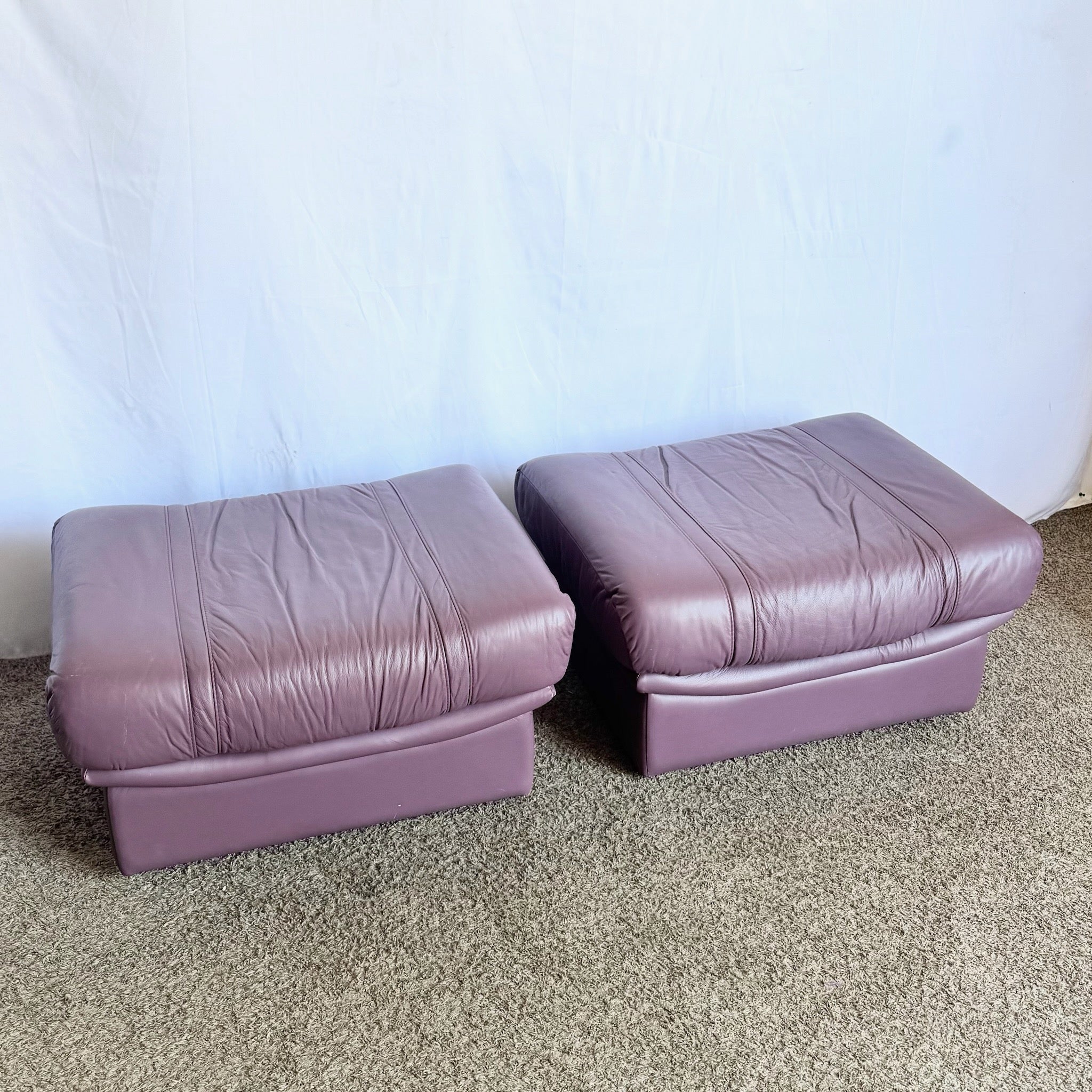 Vintage Italian Purple Leather Ottomans on Castors - A Pair - Dolphin & Flamingo