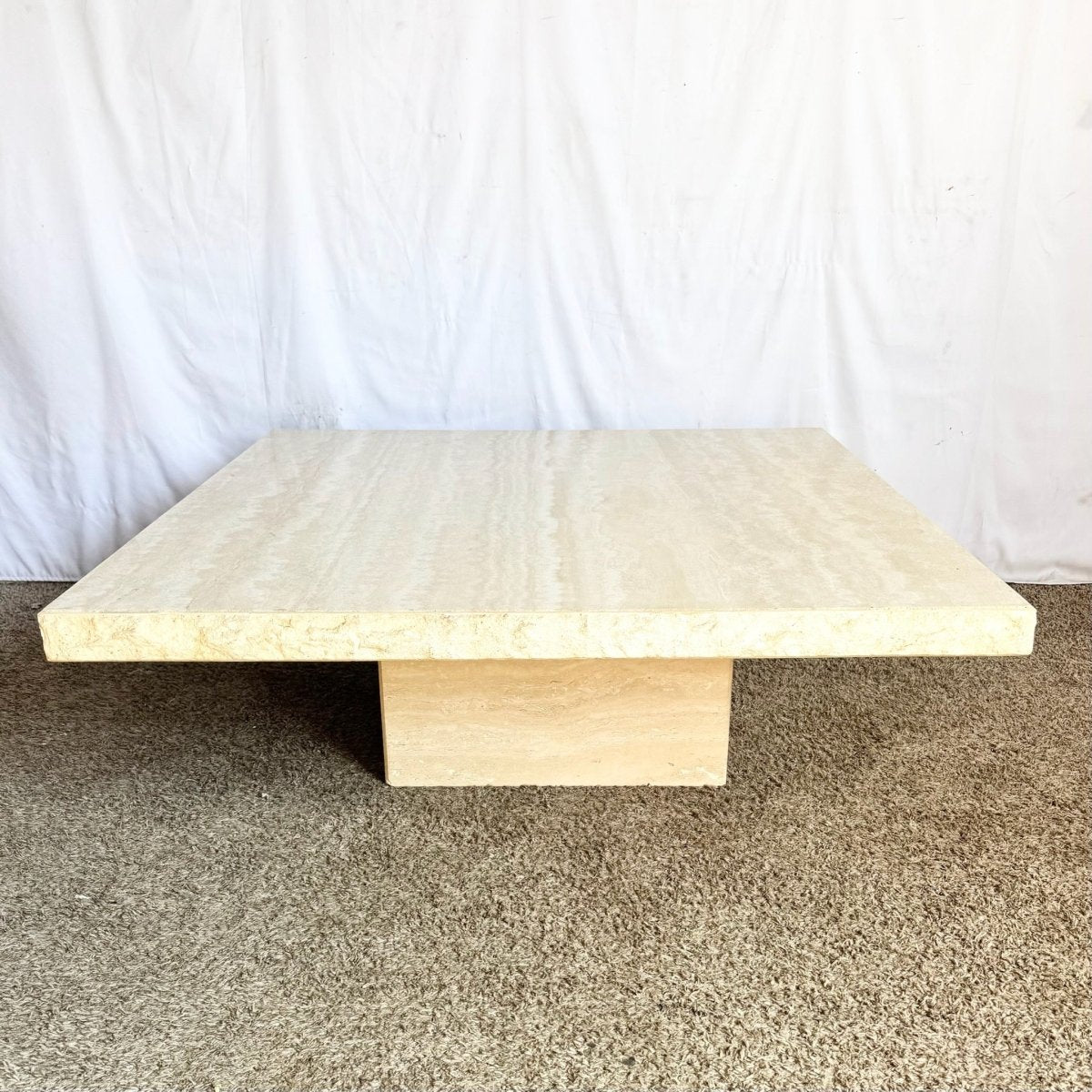 Vintage Italian Raw Edge Travertine Square Top Coffee Table by Stone International - Dolphin & Flamingo