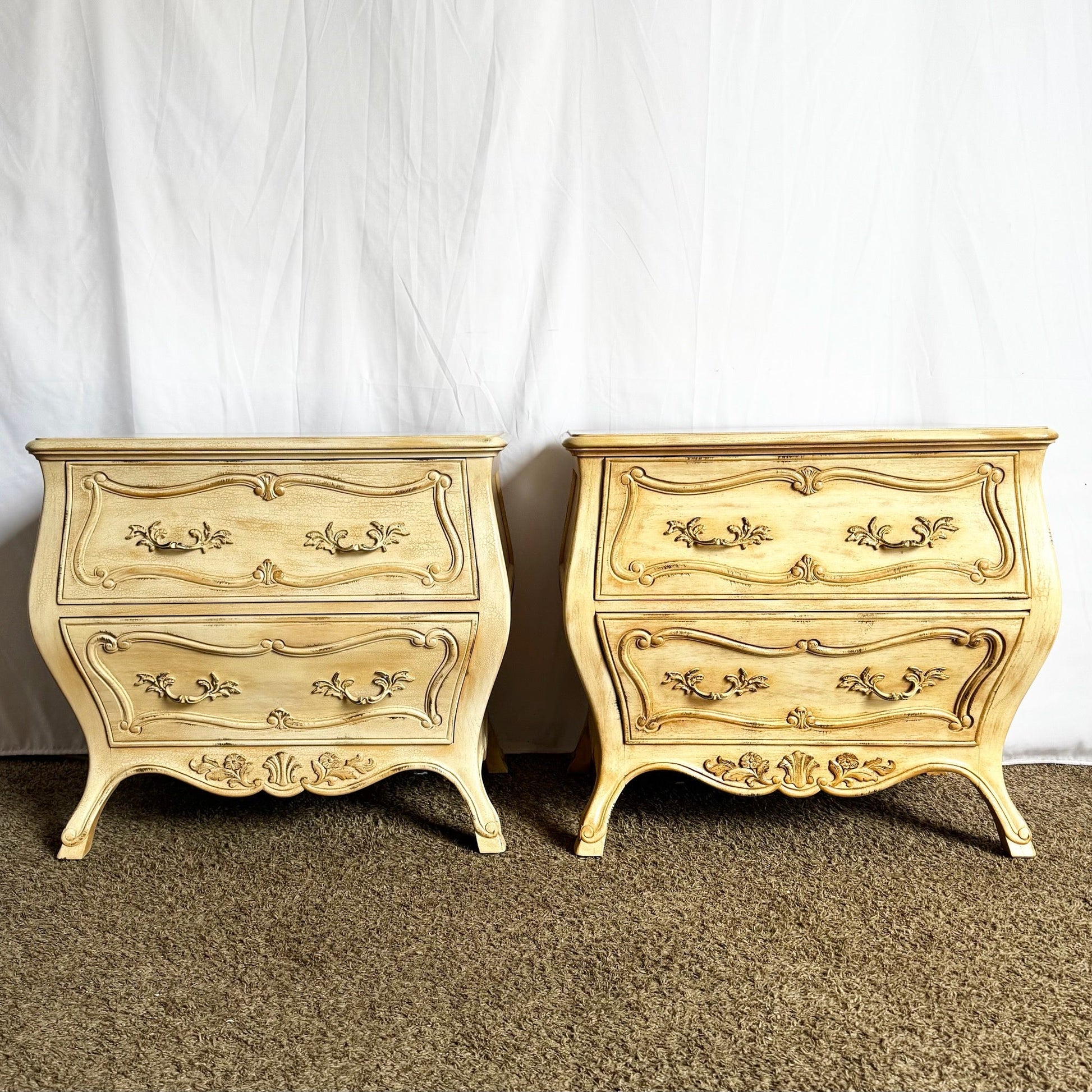 Vintage Italian Wooden Bombe Nighstands/Commodes With Cream Distressed Crackle Finish - A Pair - Dolphin & Flamingo