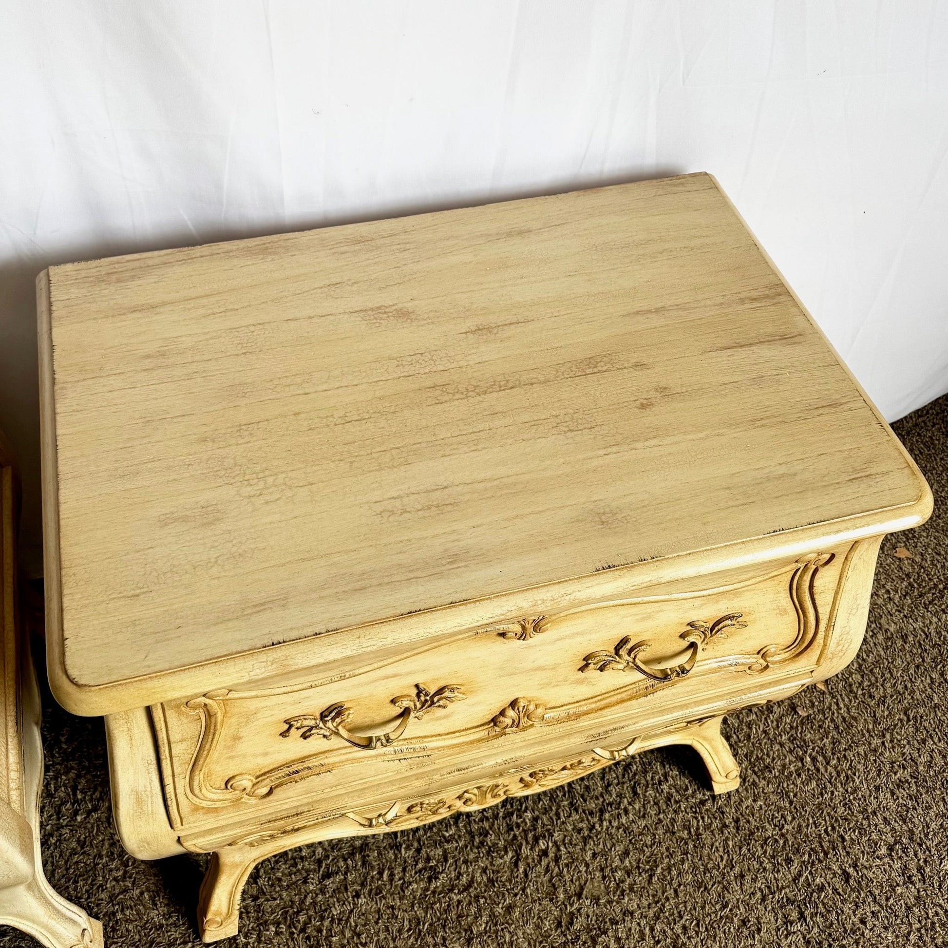 Vintage Italian Wooden Bombe Nighstands/Commodes With Cream Distressed Crackle Finish - A Pair - Dolphin & Flamingo