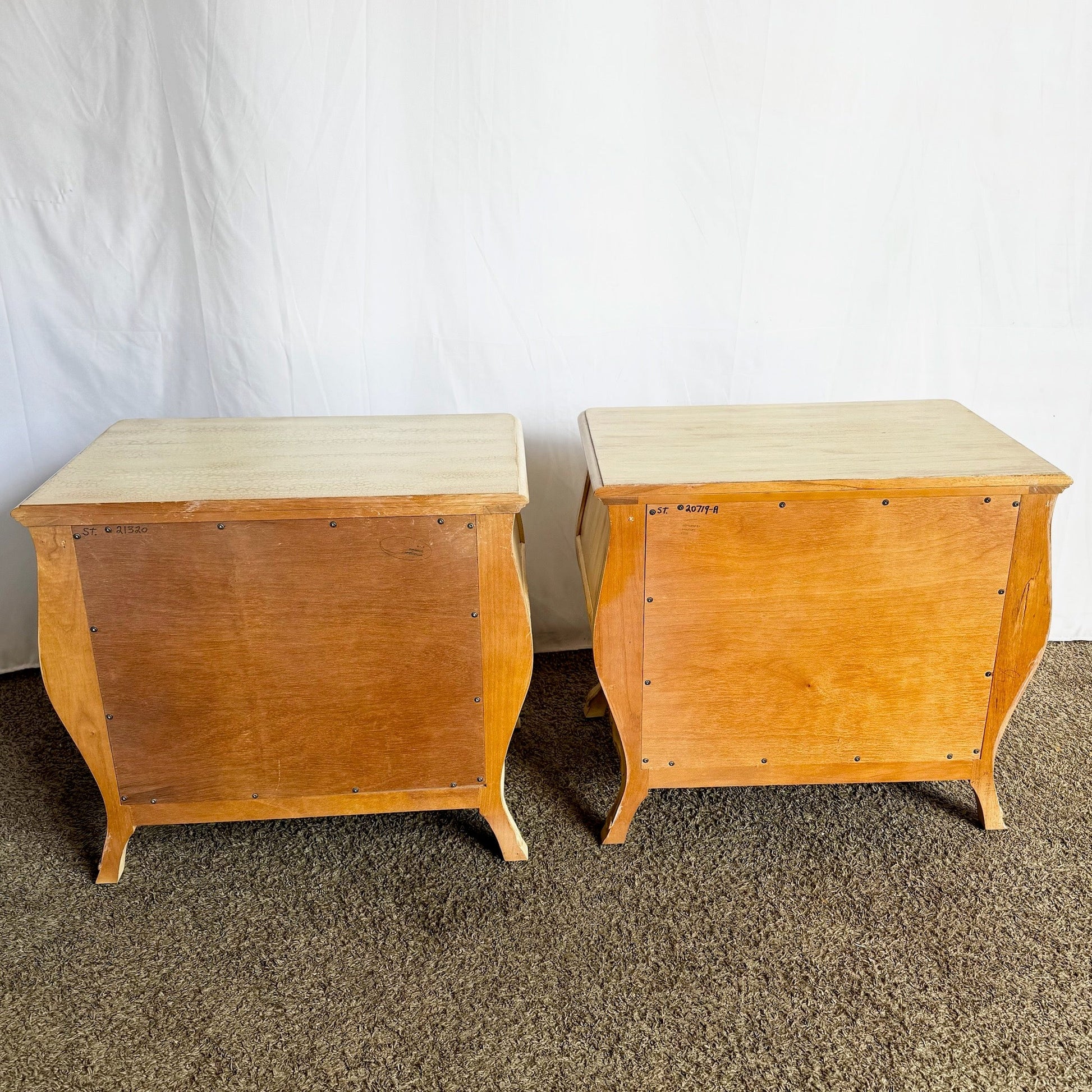 Vintage Italian Wooden Bombe Nighstands/Commodes With Cream Distressed Crackle Finish - A Pair - Dolphin & Flamingo