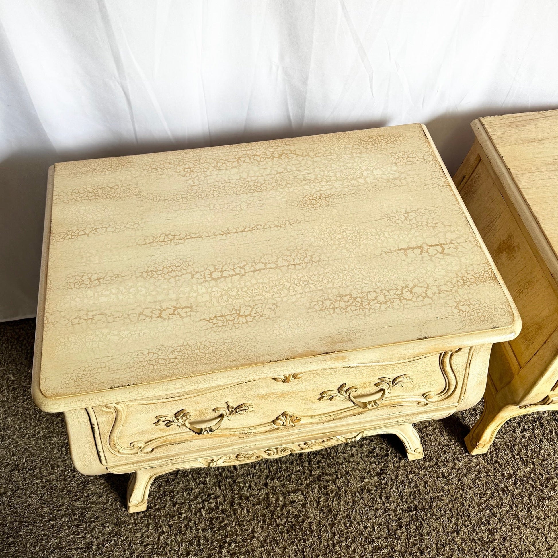 Vintage Italian Wooden Bombe Nighstands/Commodes With Cream Distressed Crackle Finish - A Pair - Dolphin & Flamingo