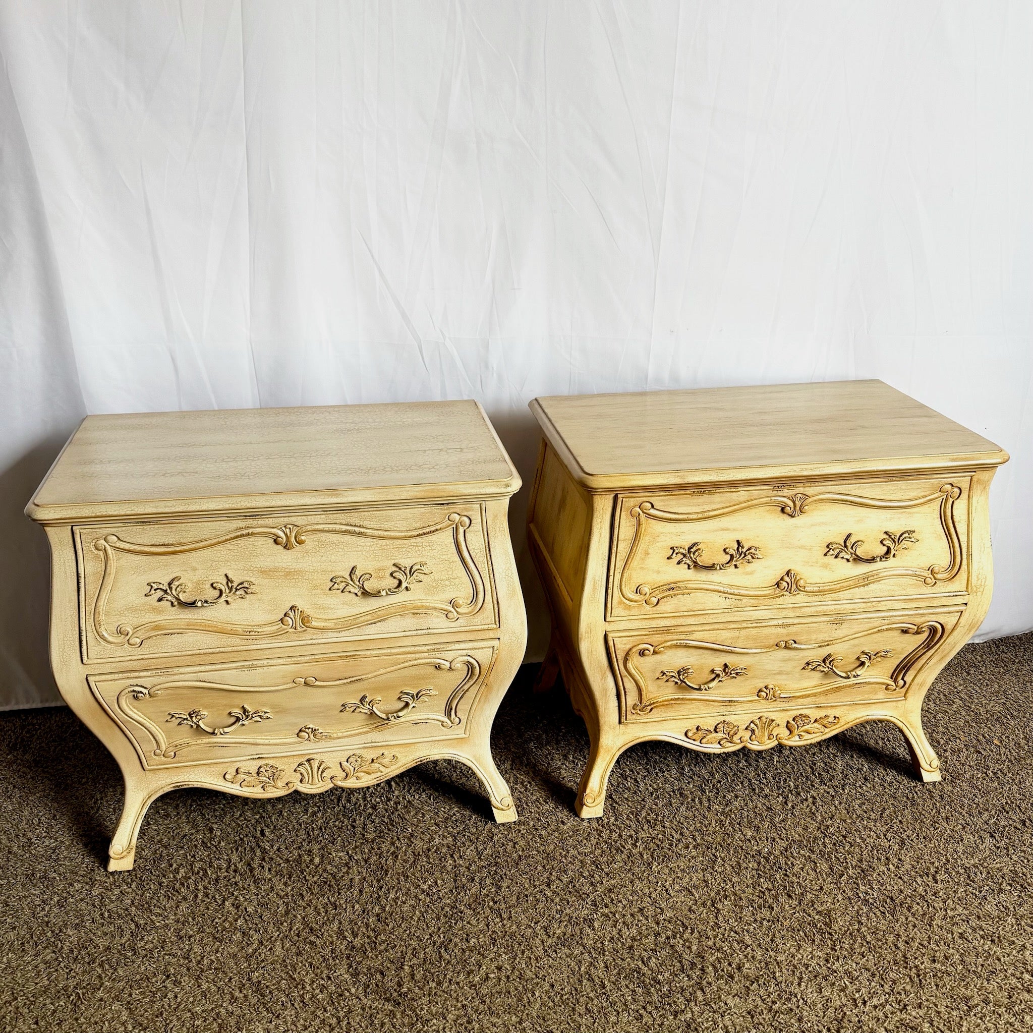 Vintage Italian Wooden Bombe Nighstands/Commodes With Cream Distressed Crackle Finish - A Pair - Dolphin & Flamingo