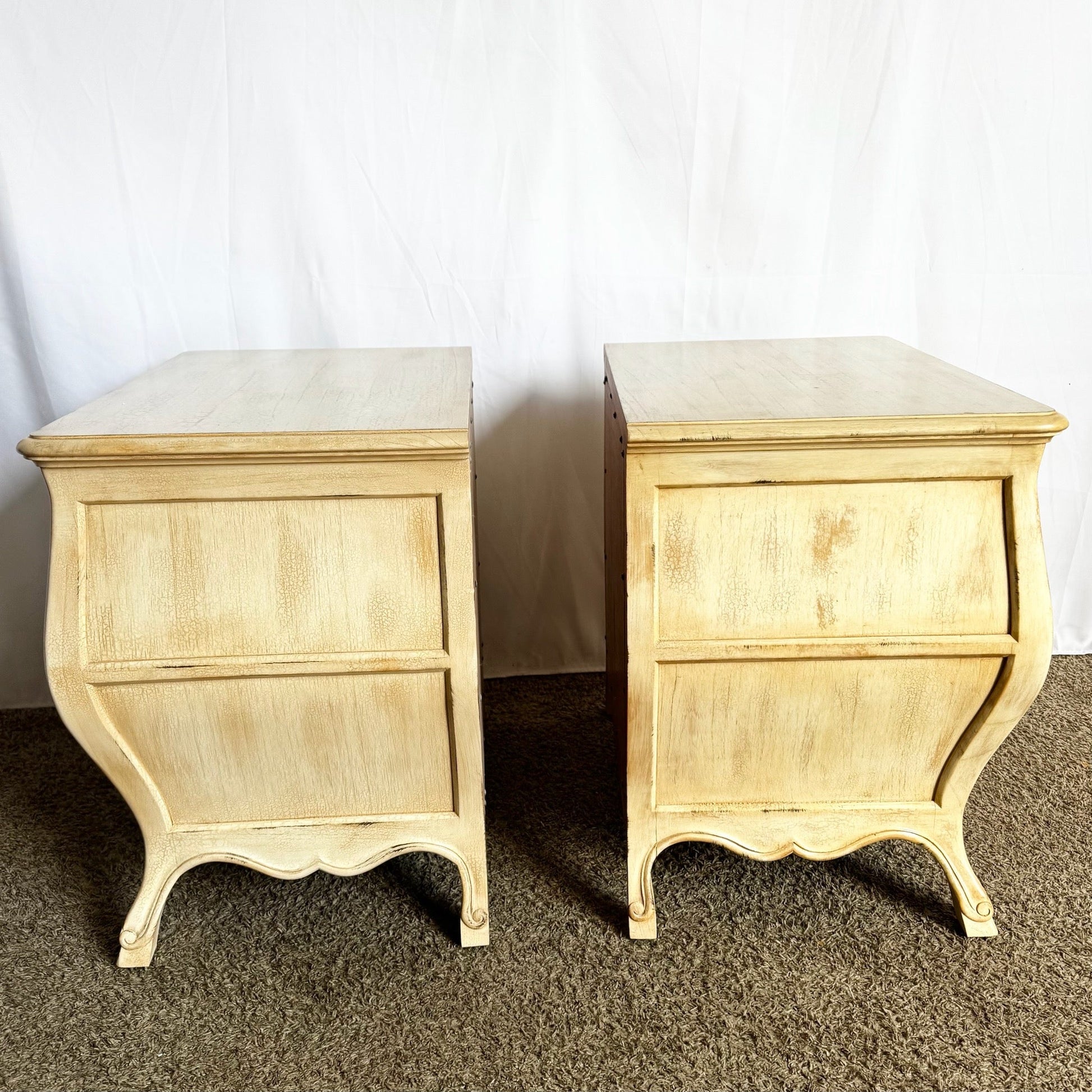 Vintage Italian Wooden Bombe Nighstands/Commodes With Cream Distressed Crackle Finish - A Pair - Dolphin & Flamingo