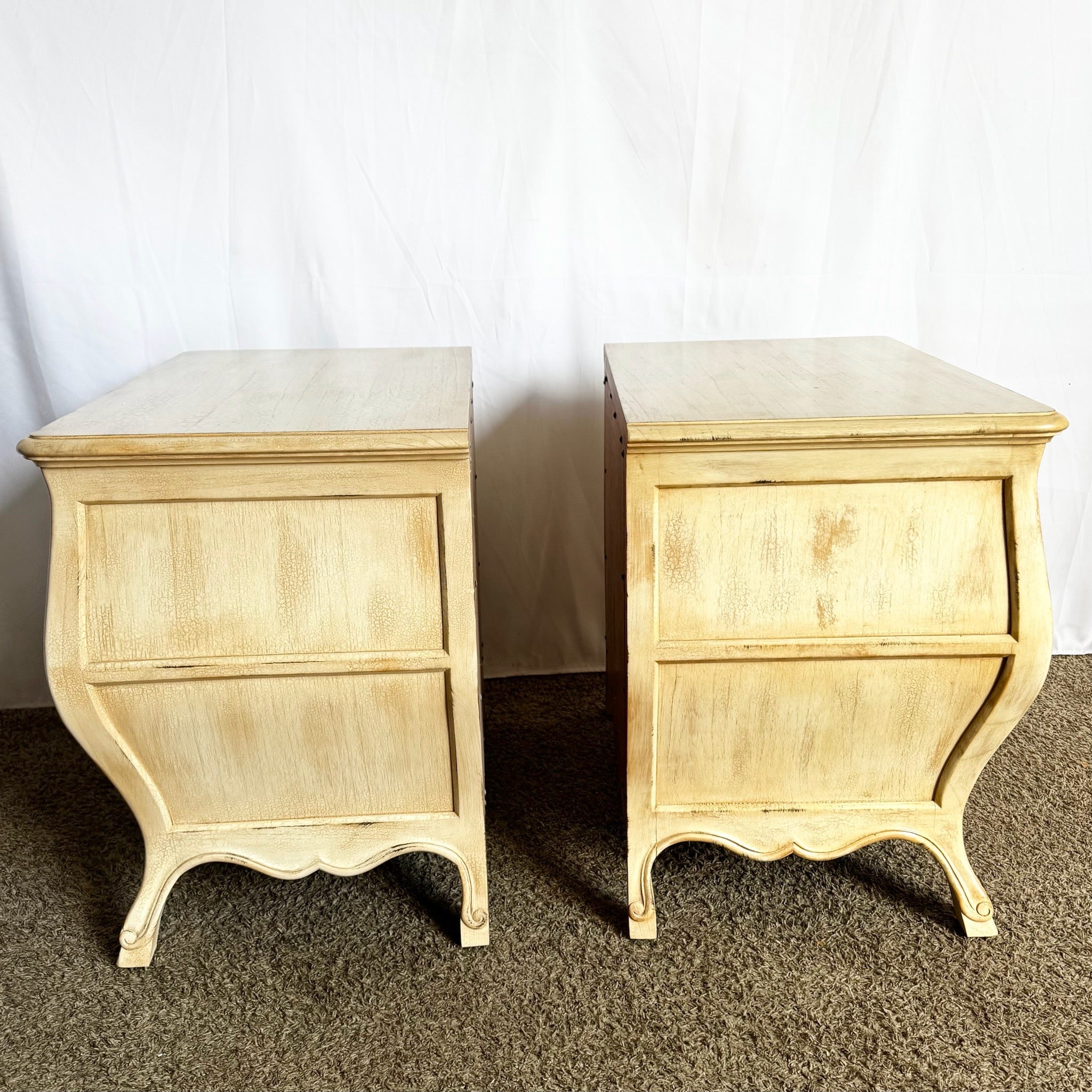 Vintage Italian Wooden Bombe Nighstands/Commodes With Cream Distressed Crackle Finish - A Pair - Dolphin & Flamingo