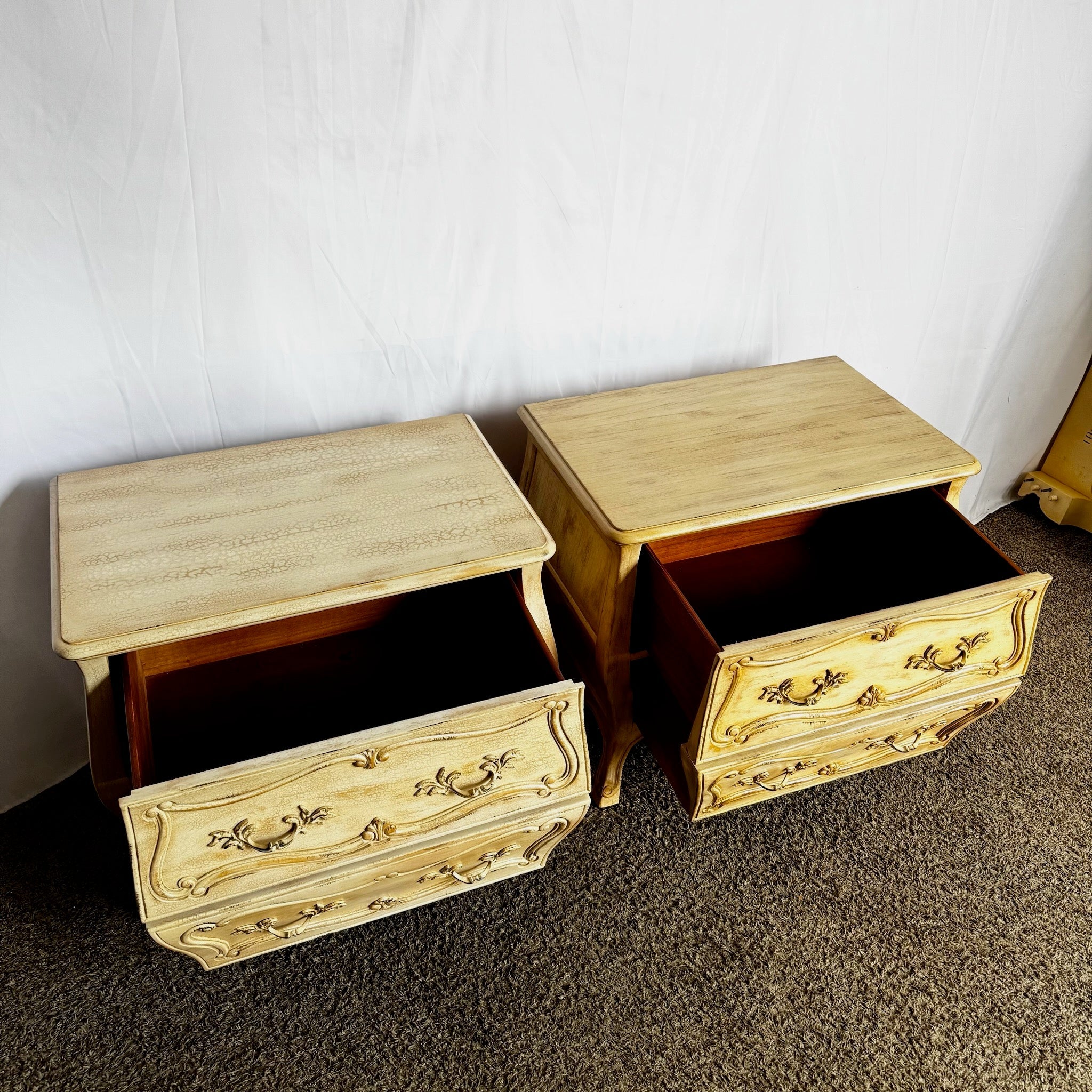 Vintage Italian Wooden Bombe Nighstands/Commodes With Cream Distressed Crackle Finish - A Pair - Dolphin & Flamingo