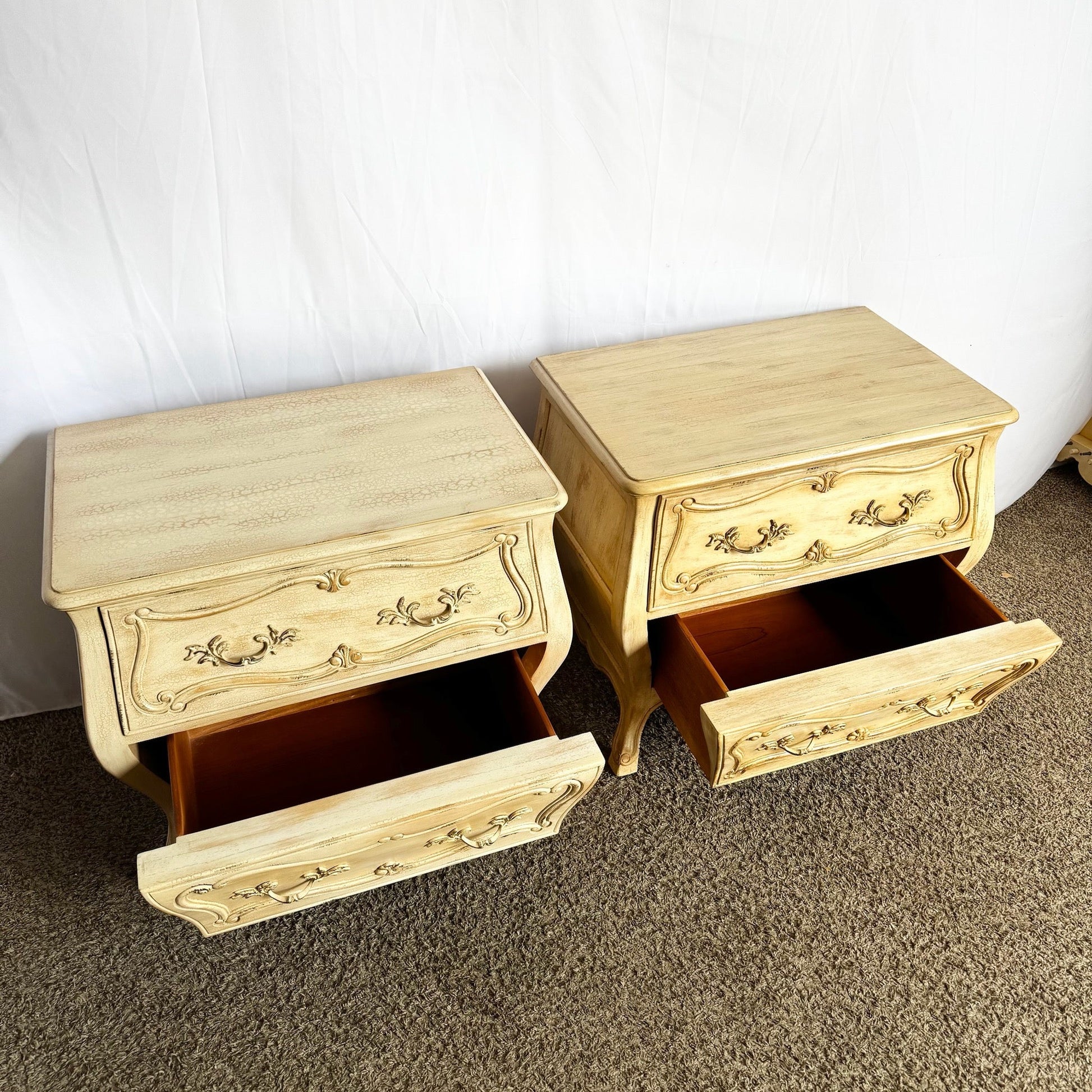 Vintage Italian Wooden Bombe Nighstands/Commodes With Cream Distressed Crackle Finish - A Pair - Dolphin & Flamingo
