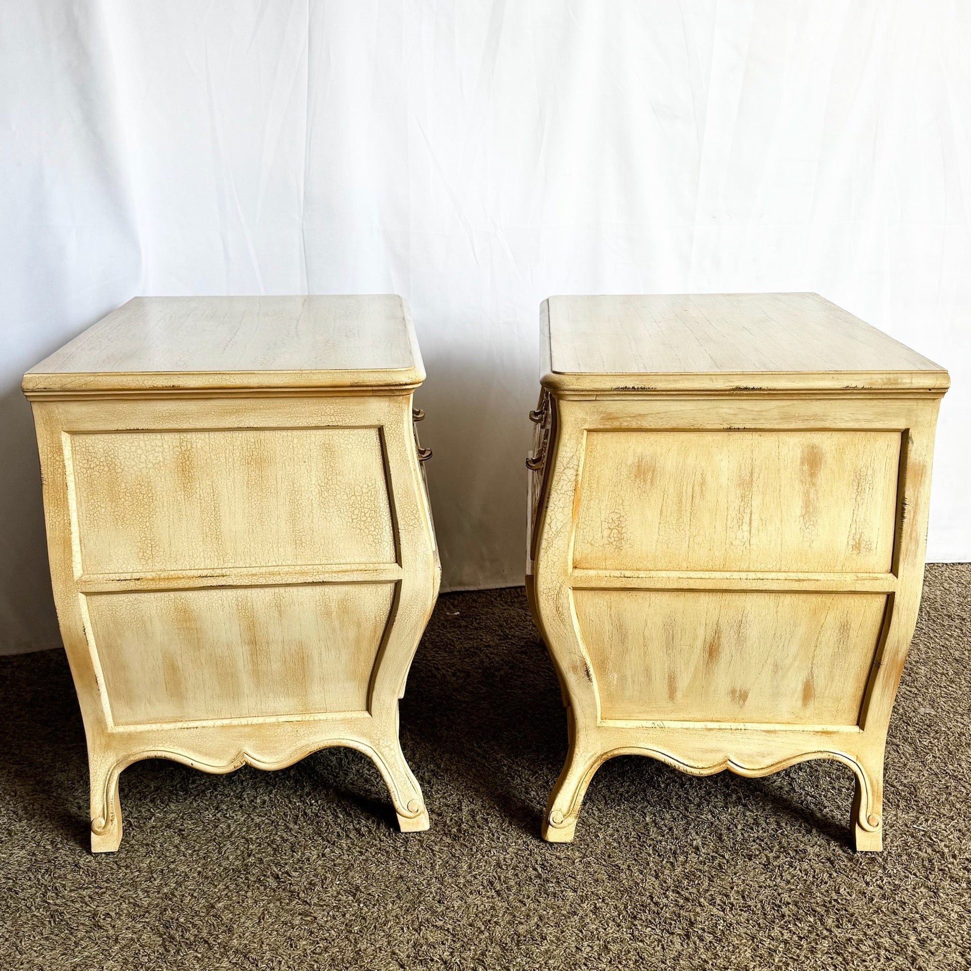 Vintage Italian Wooden Bombe Nighstands/Commodes With Cream Distressed Crackle Finish - A Pair - Dolphin & Flamingo