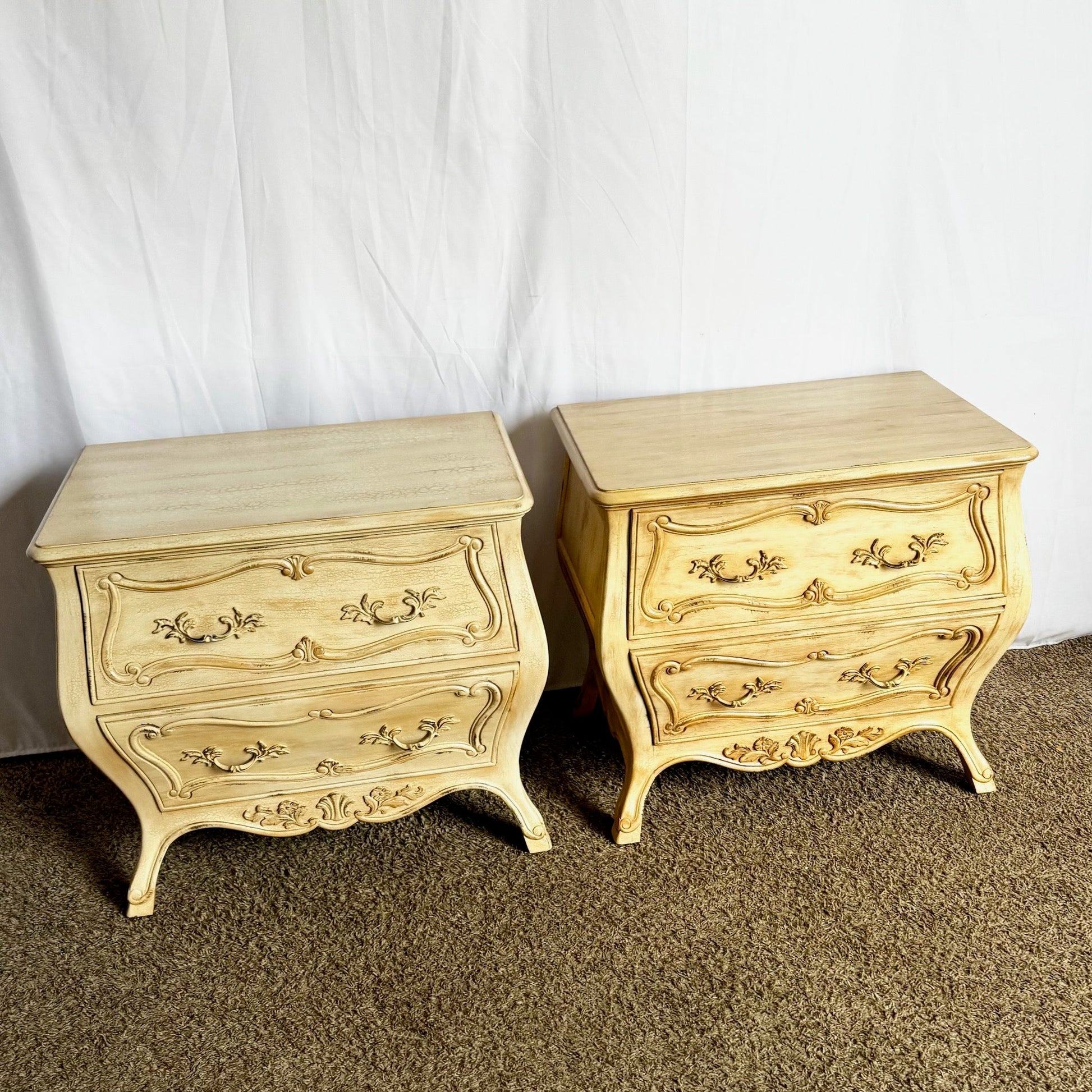 Vintage Italian Wooden Bombe Nighstands/Commodes With Cream Distressed Crackle Finish - A Pair - Dolphin & Flamingo