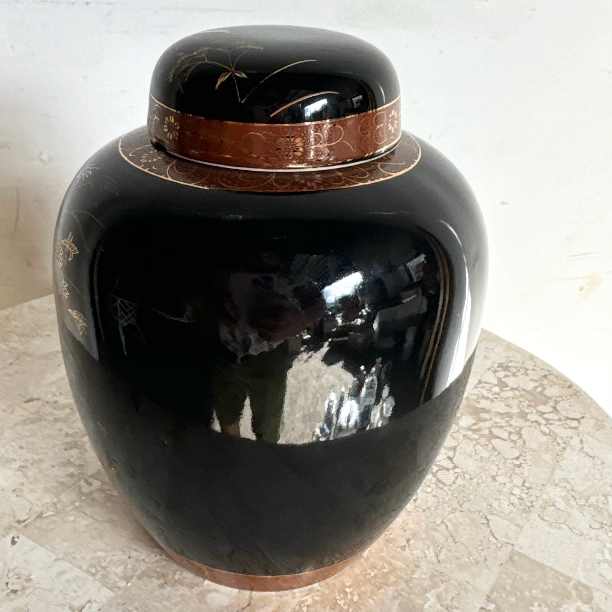 Vintage Japanese Black and Gold Ginger Jar - Dolphin & Flamingo
