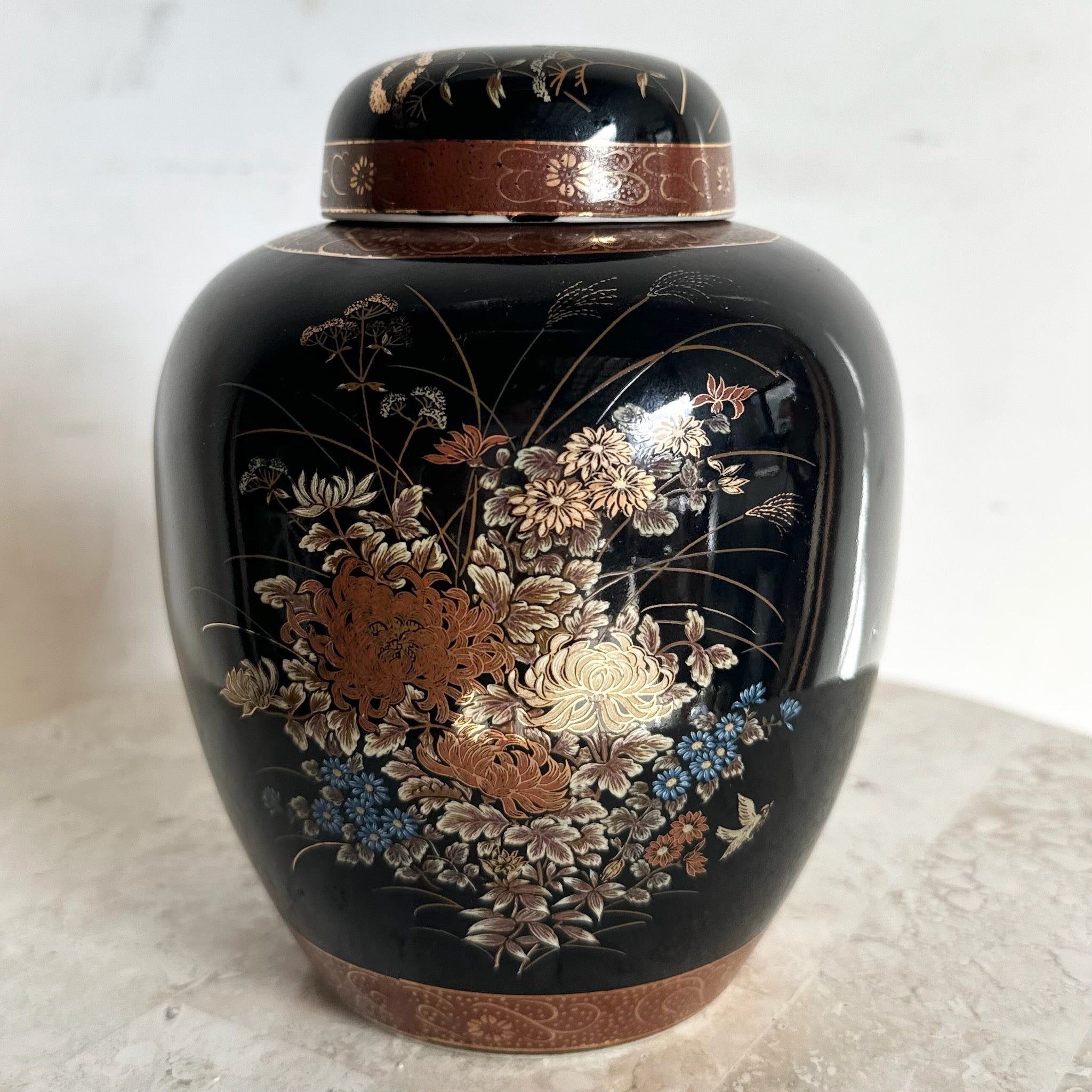 Vintage Japanese Black and Gold Ginger Jar - Dolphin & Flamingo