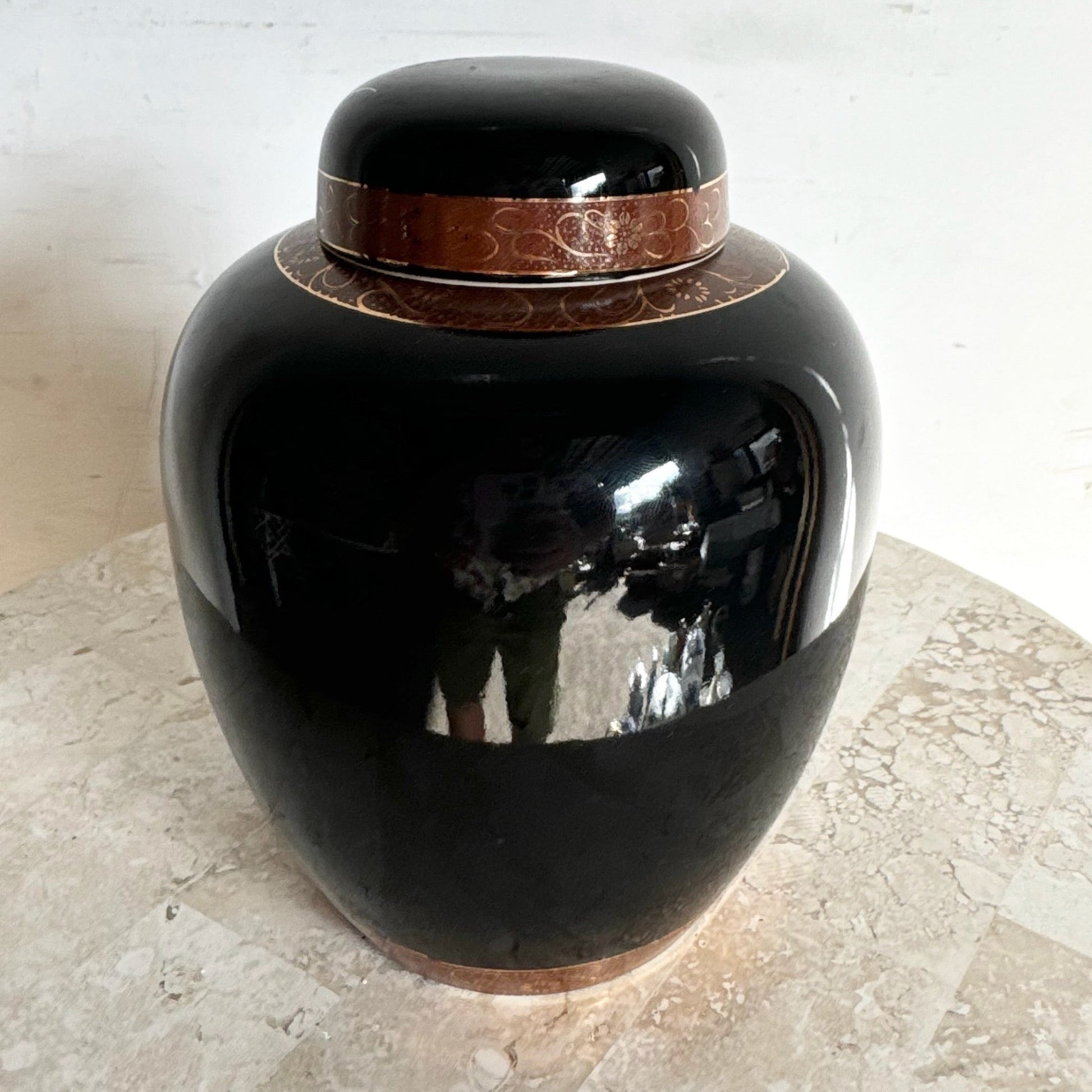 Vintage Japanese Black and Gold Ginger Jar - Dolphin & Flamingo