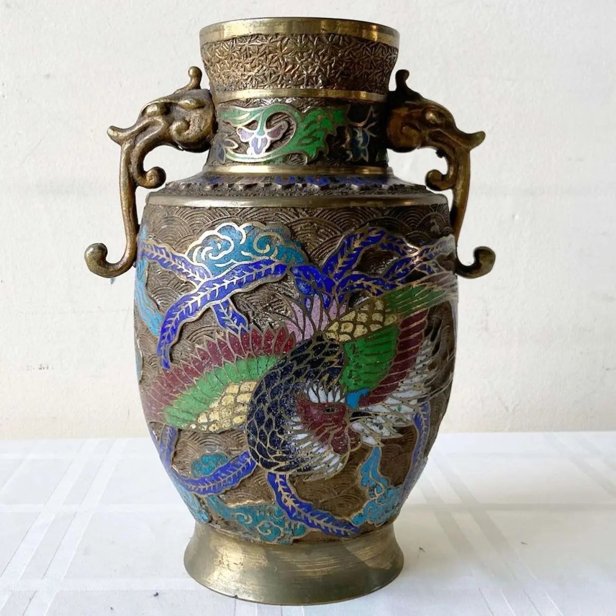 Vintage Japanese Brass Champleve Vase With Dragon Enamel – Dolphin & Flamingo