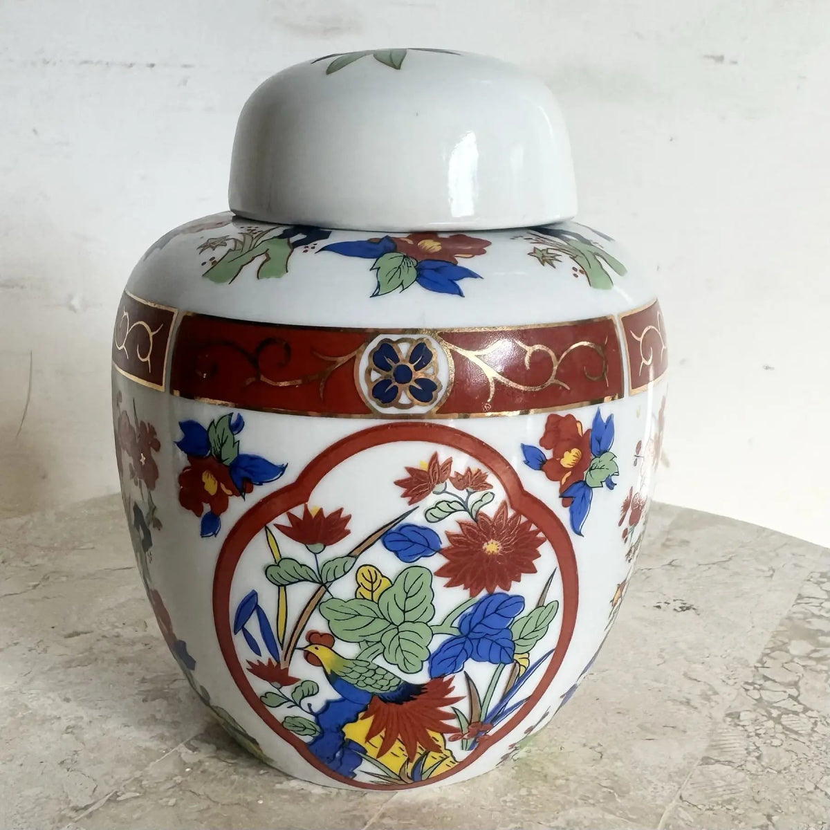 Vintage Japanese Imari Style Porcelain Hand Painted Ginger Jar - Dolphin & Flamingo