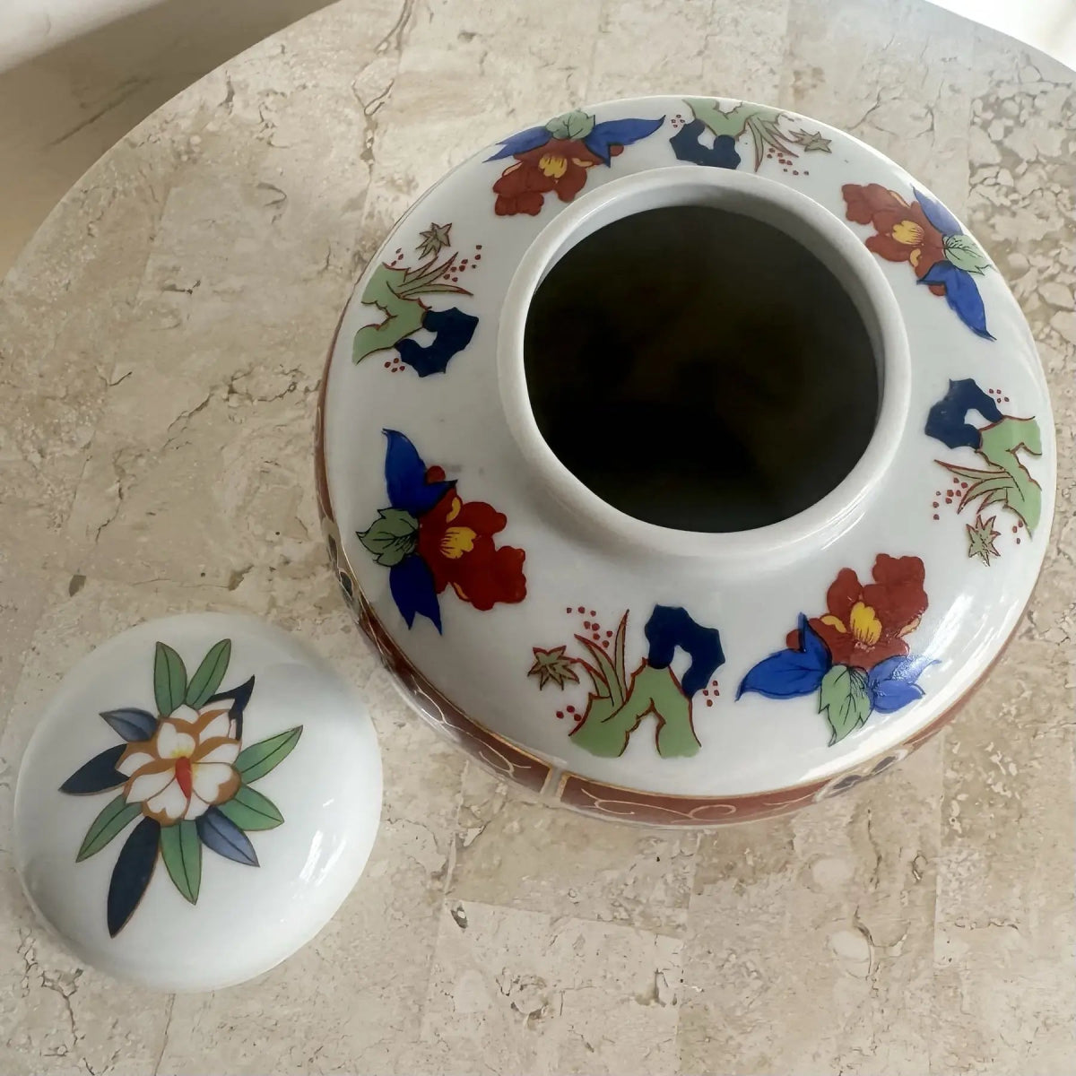 Vintage Japanese Imari Style Porcelain Hand Painted Ginger Jar - Dolphin & Flamingo