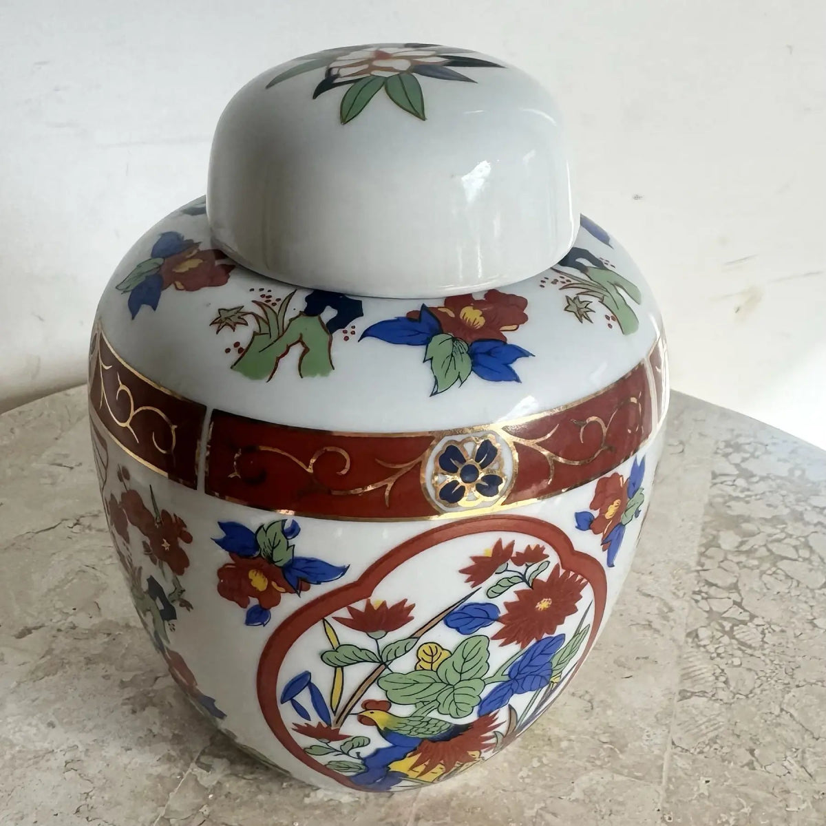 Vintage Japanese Imari Style Porcelain Hand Painted Ginger Jar - Dolphin & Flamingo