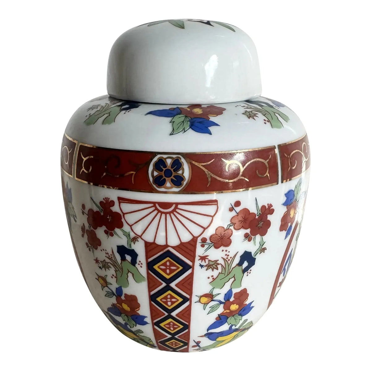 Vintage Japanese Imari Style Porcelain Hand Painted Ginger Jar - Dolphin & Flamingo