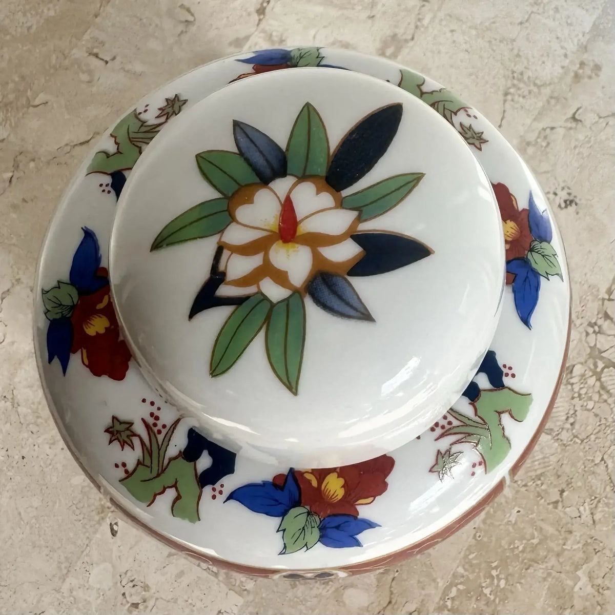 Vintage Japanese Imari Style Porcelain Hand Painted Ginger Jar - Dolphin & Flamingo