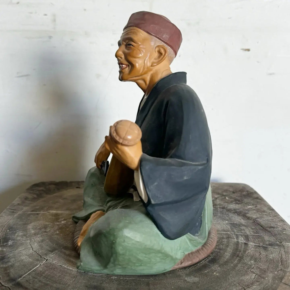 Vintage Japanese Leftons Clay Doll of an Old Man Playing a Biwa - Dolphin & Flamingo