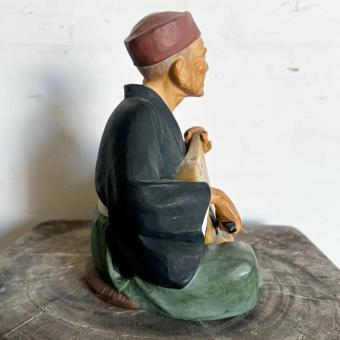 Vintage Japanese Leftons Clay Doll of an Old Man Playing a Biwa