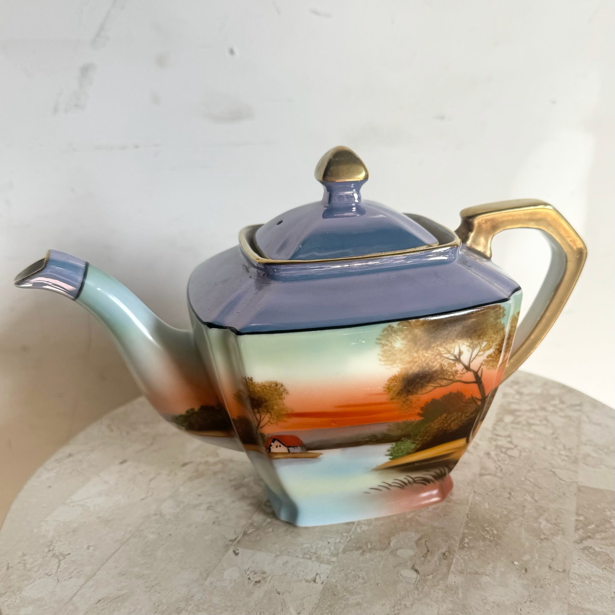 Vintage Japanese Noritake Porcelain Tea Pot - Dolphin & Flamingo