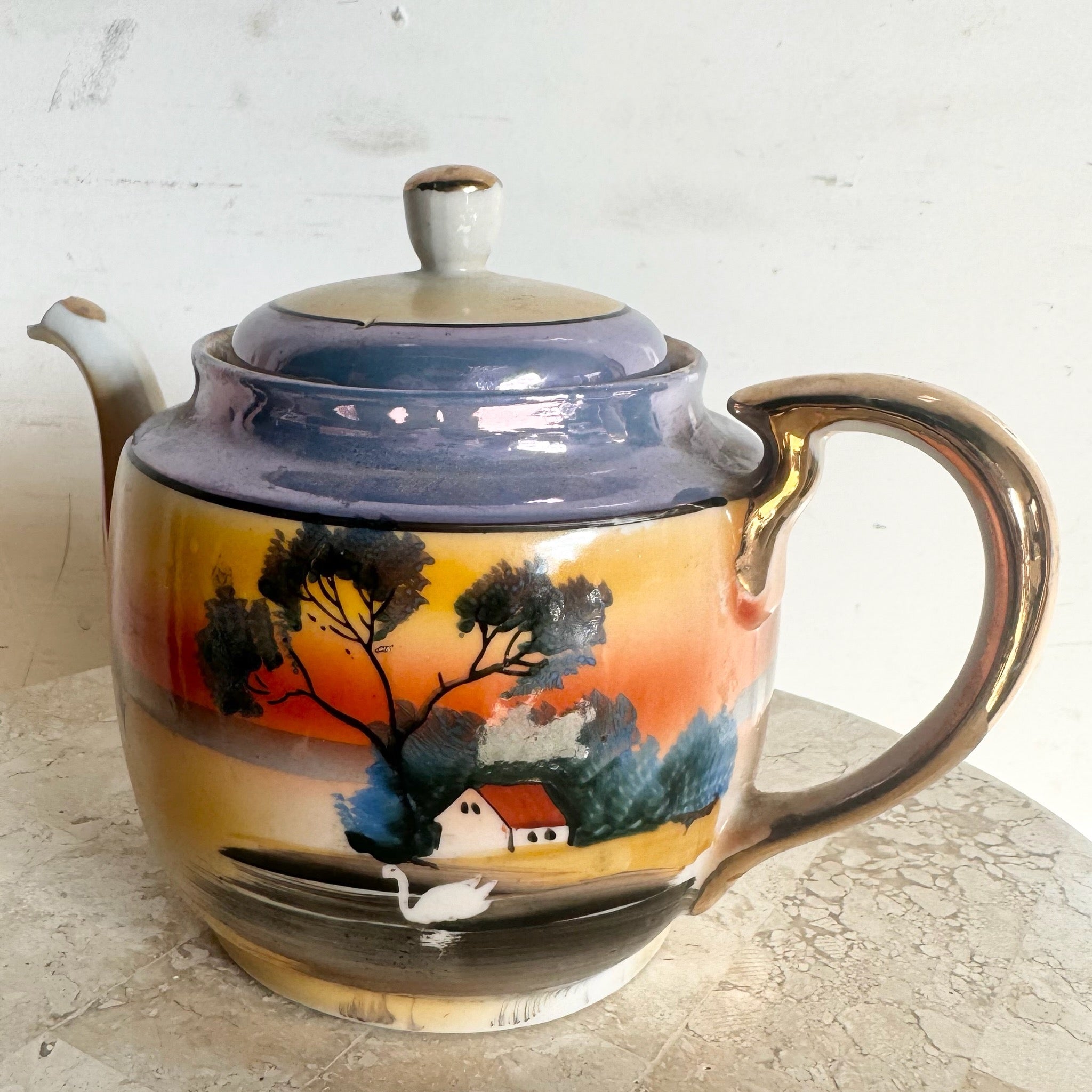Vintage Japanese Porcelain Tea Pot - Lusterware - Dolphin & Flamingo