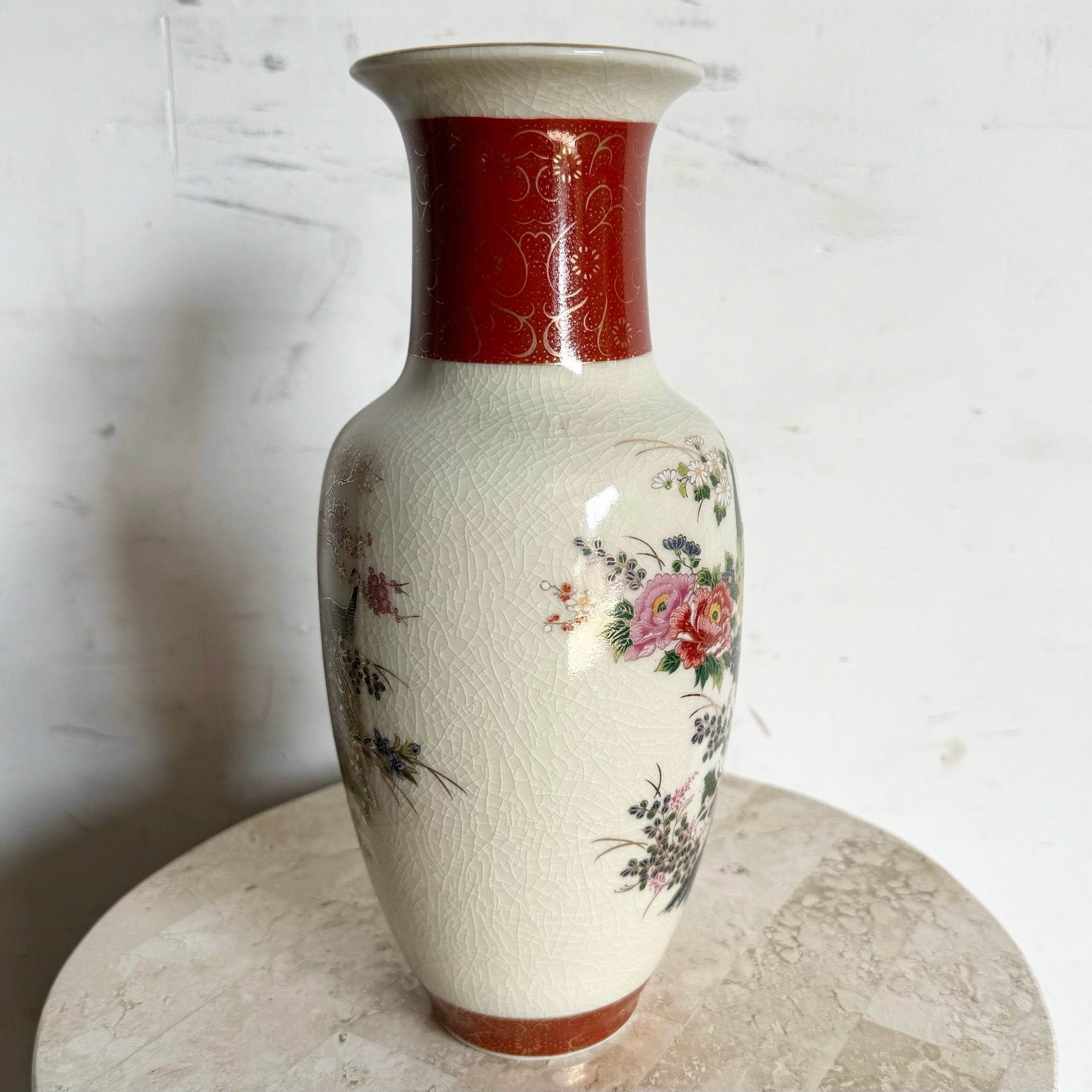 Vintage Japanese Satsuma Porcelain Vase - Dolphin & Flamingo